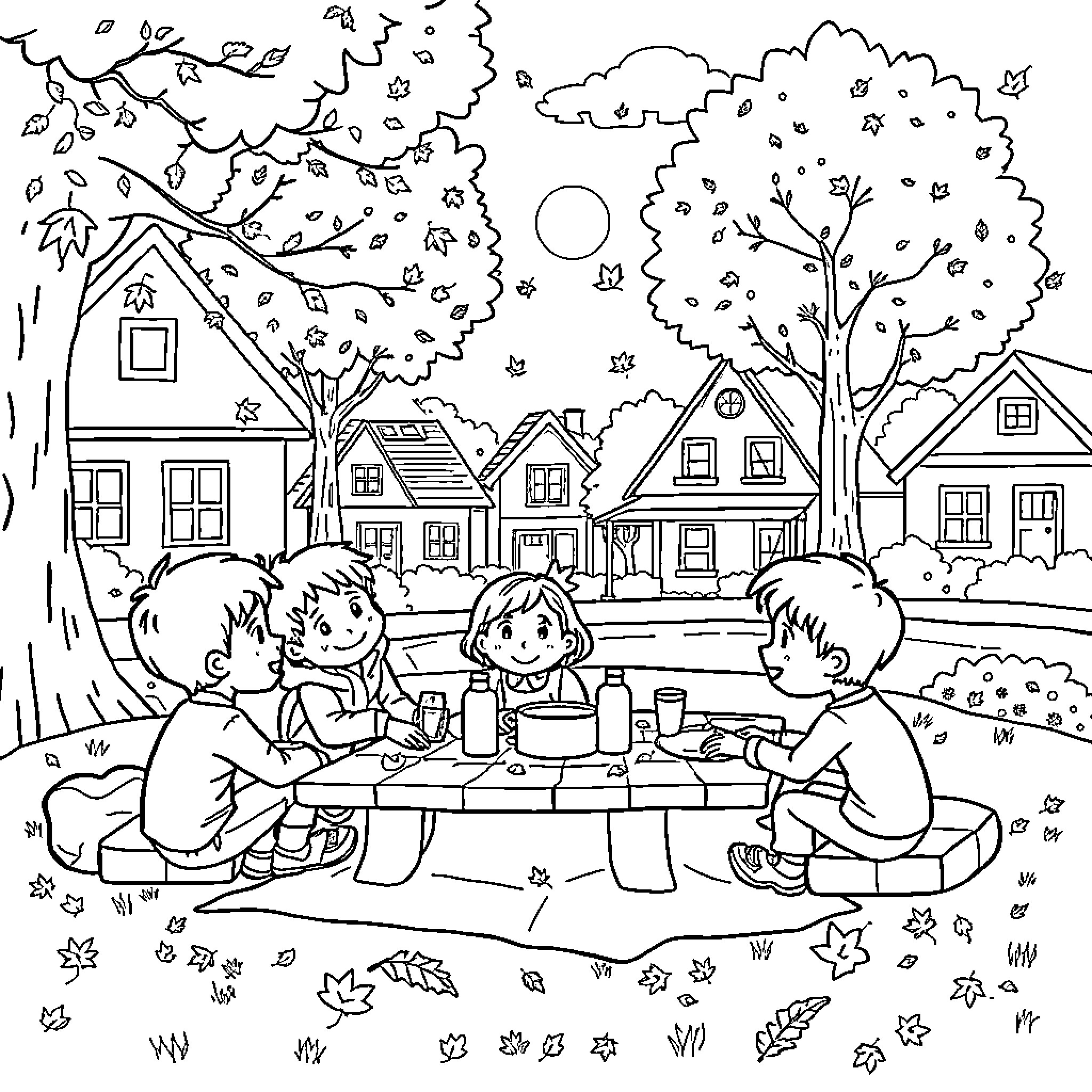 Kid friends enjoying outdoor picnic in autumn Coloring Page (free black-and-white line drawing printable PDF for all, from beginners to advanced learners, including children, teens, adults, and seniors)