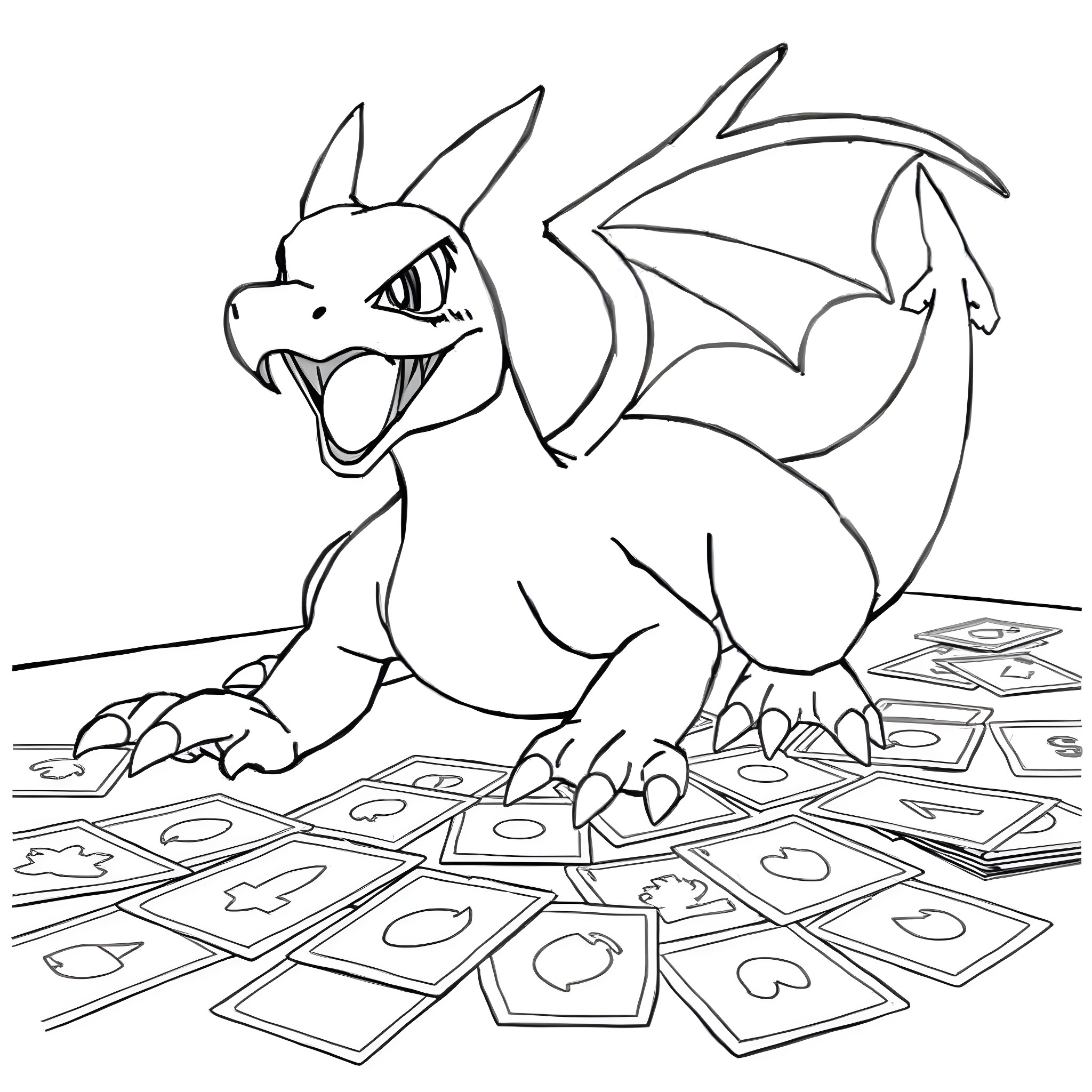 Charizard playing with playing cards Coloring Page (free black-and-white line drawing printable PDF for all, from beginners to advanced learners, including children, teens, adults, and seniors)