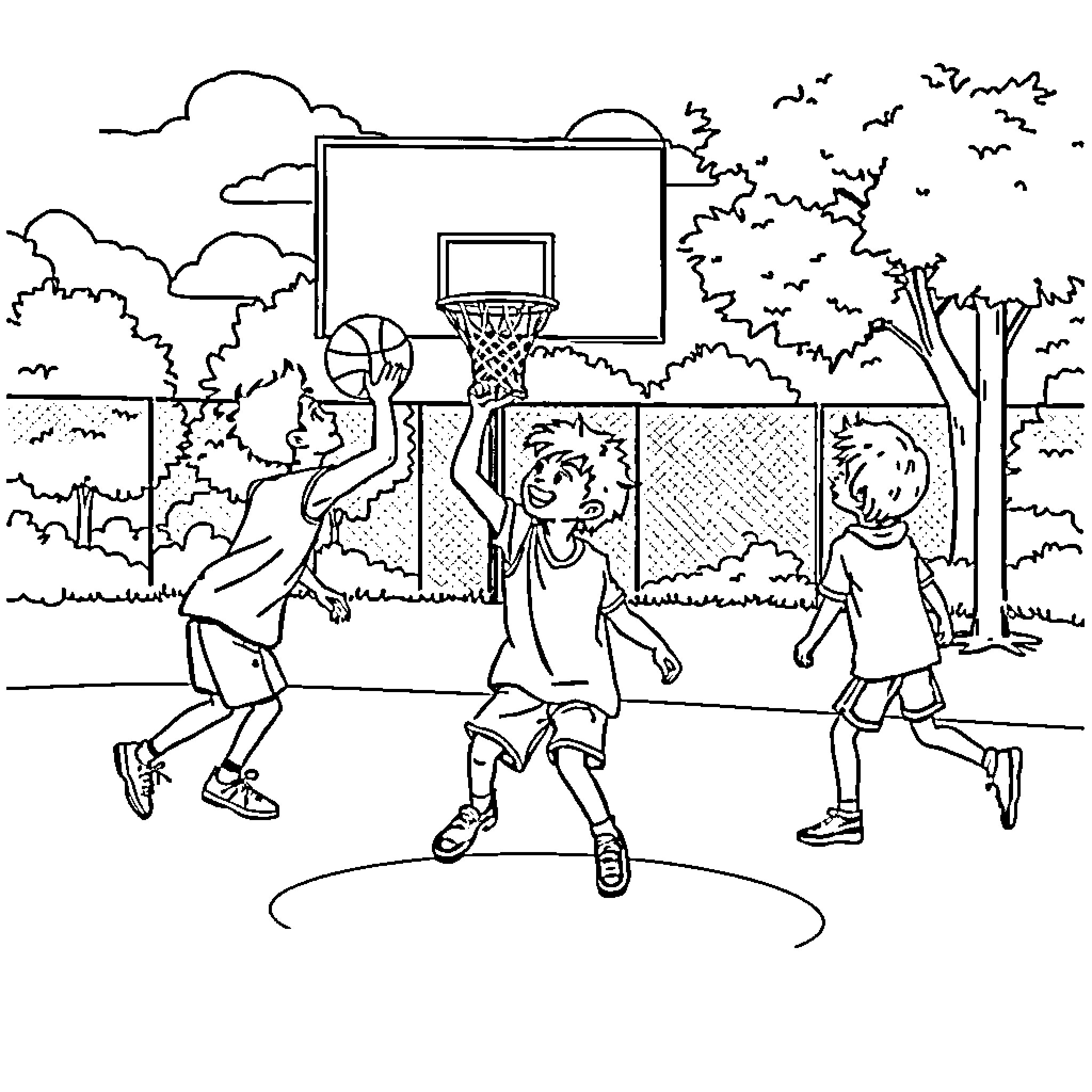 Straykids playing basketball in the park Coloring Page (free black-and-white line drawing printable PDF for all, from beginners to advanced learners, including children, teens, adults, and seniors)