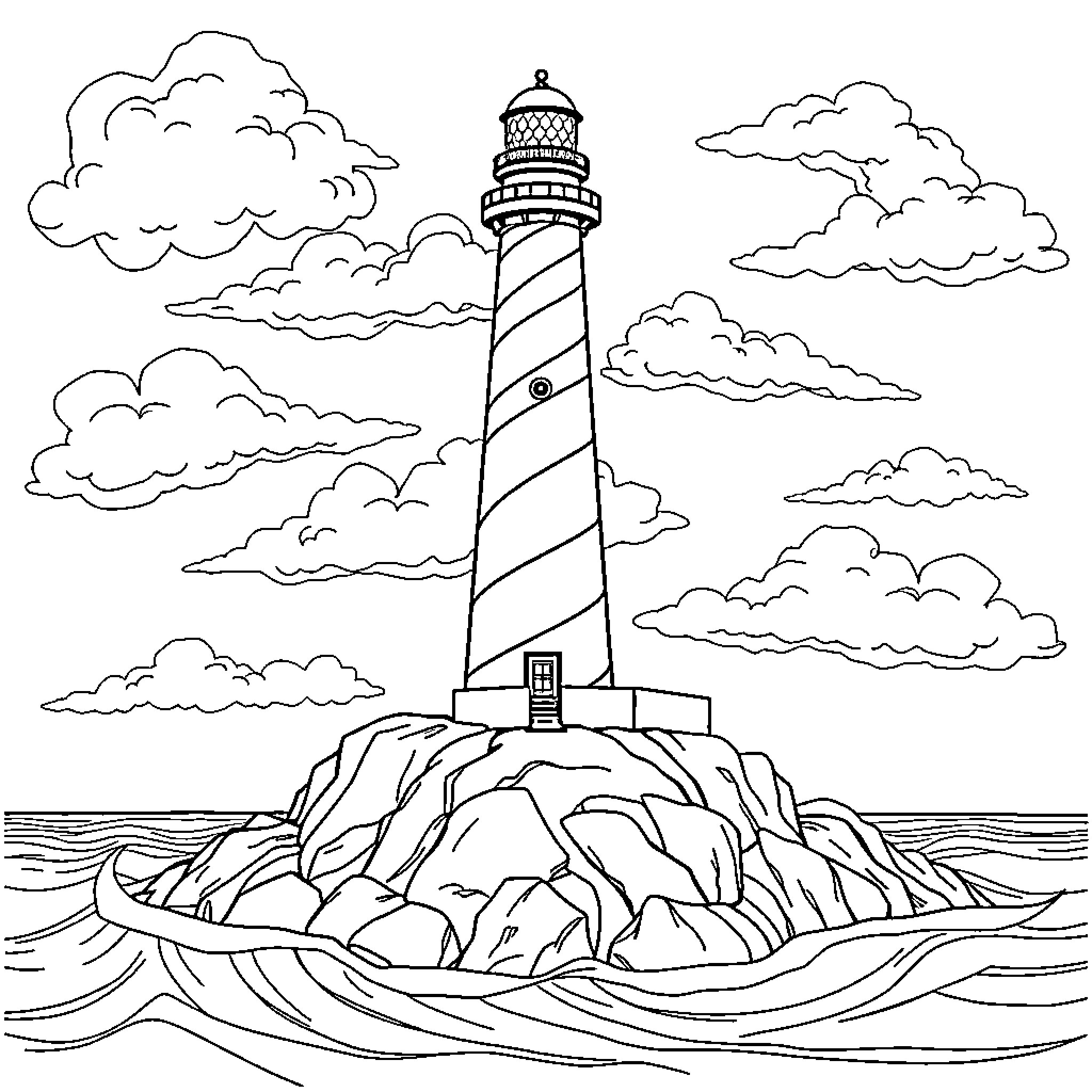 Lighthouse standing tall amidst swirling clouds and waves Coloring Page (free black-and-white line drawing printable PDF for all, from beginners to advanced learners, including children, teens, adults, and seniors)