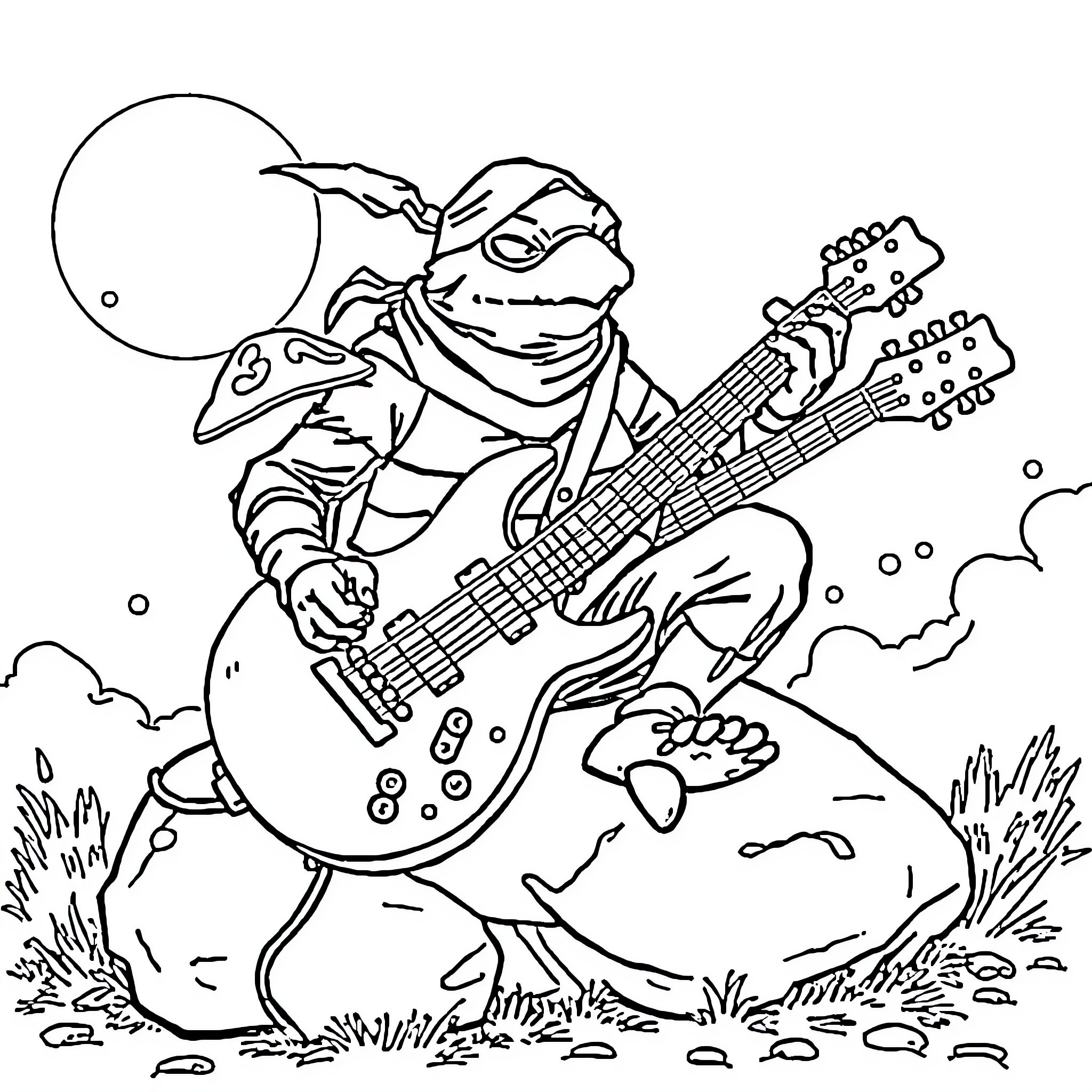 Turtle Rocking Out with Electric Guitar Coloring Page (free black-and-white line drawing printable PDF for all, from beginners to advanced learners, including children, teens, adults, and seniors)