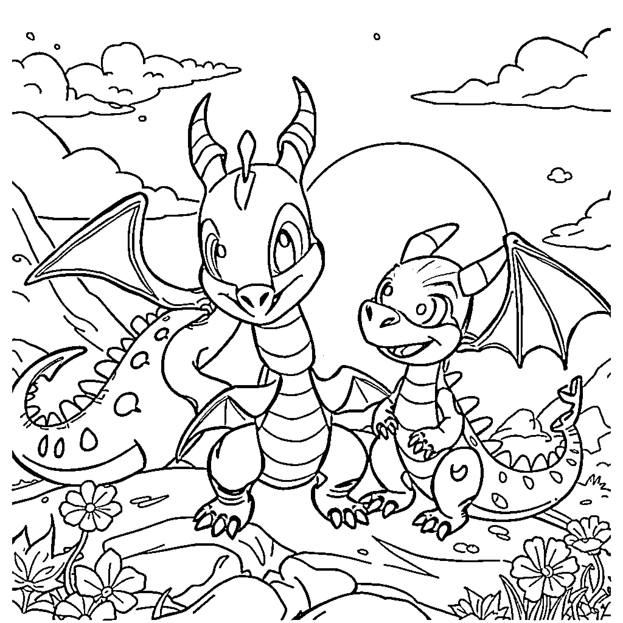 Patrol of playful dragon creatures in the wilderness Coloring Page (free black-and-white line drawing printable PDF for all, from beginners to advanced learners, including children, teens, adults, and seniors)