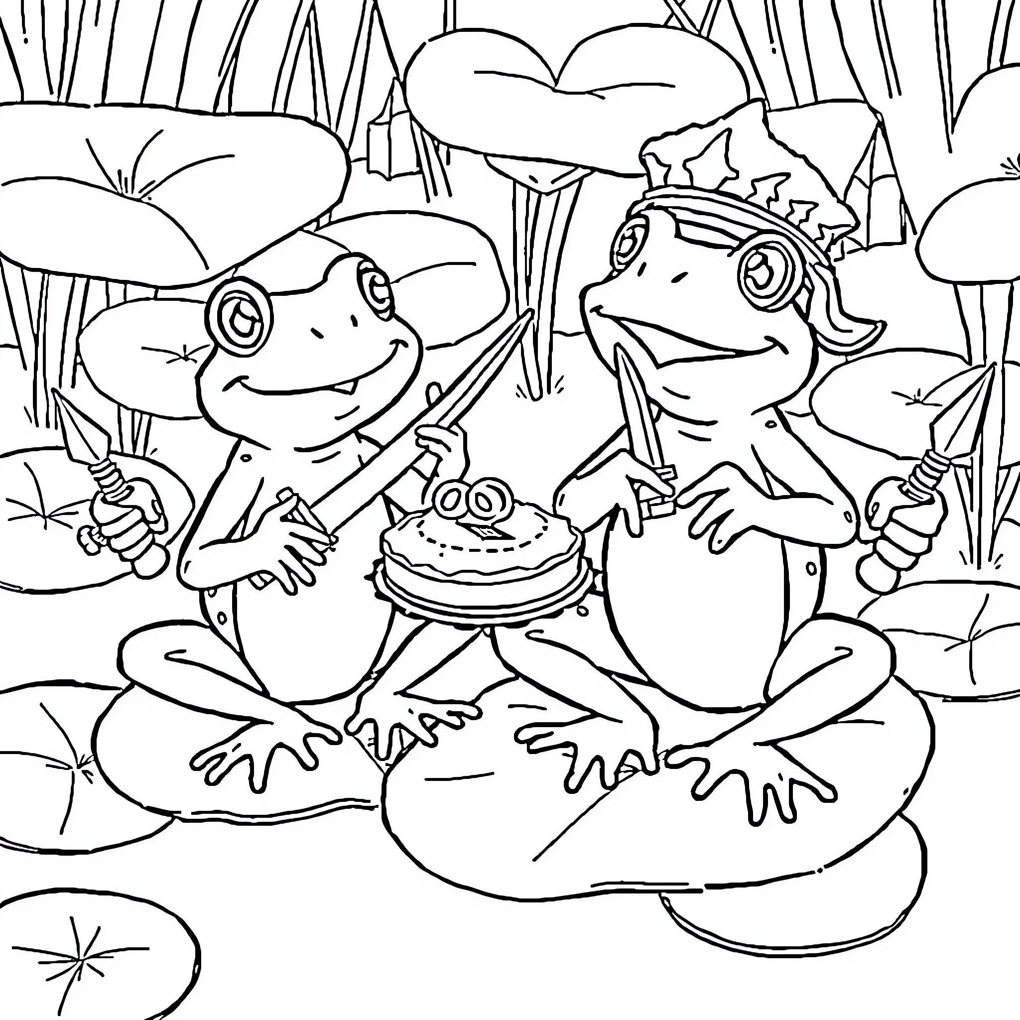 Frogs celebrating with cake in the pond Coloring Page (free black-and-white line drawing printable PDF for all, from beginners to advanced learners, including children, teens, adults, and seniors)