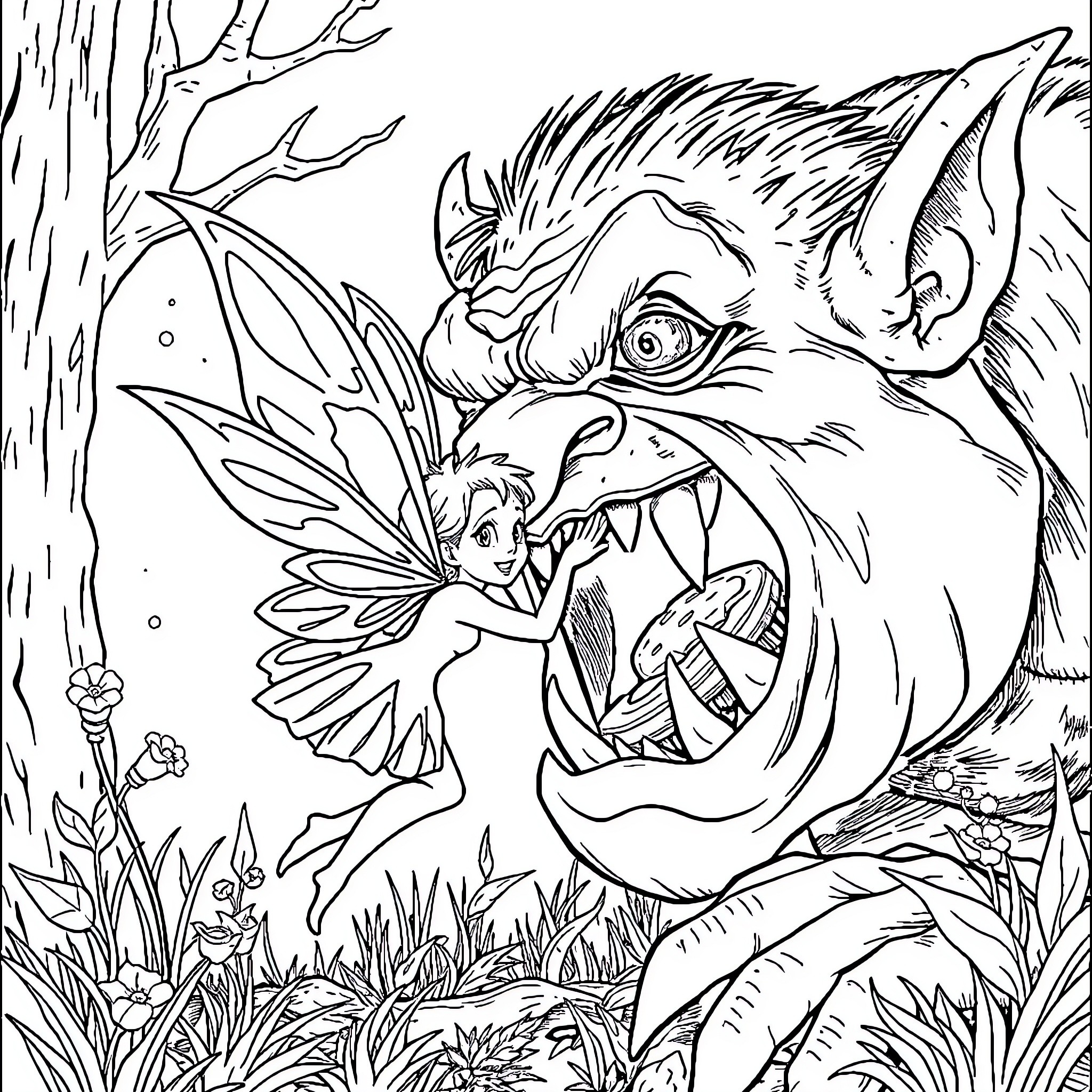 Fairy confronting fierce mythical creature in the forest Coloring Page (free black-and-white line drawing printable PDF for all, from beginners to advanced learners, including children, teens, adults, and seniors)