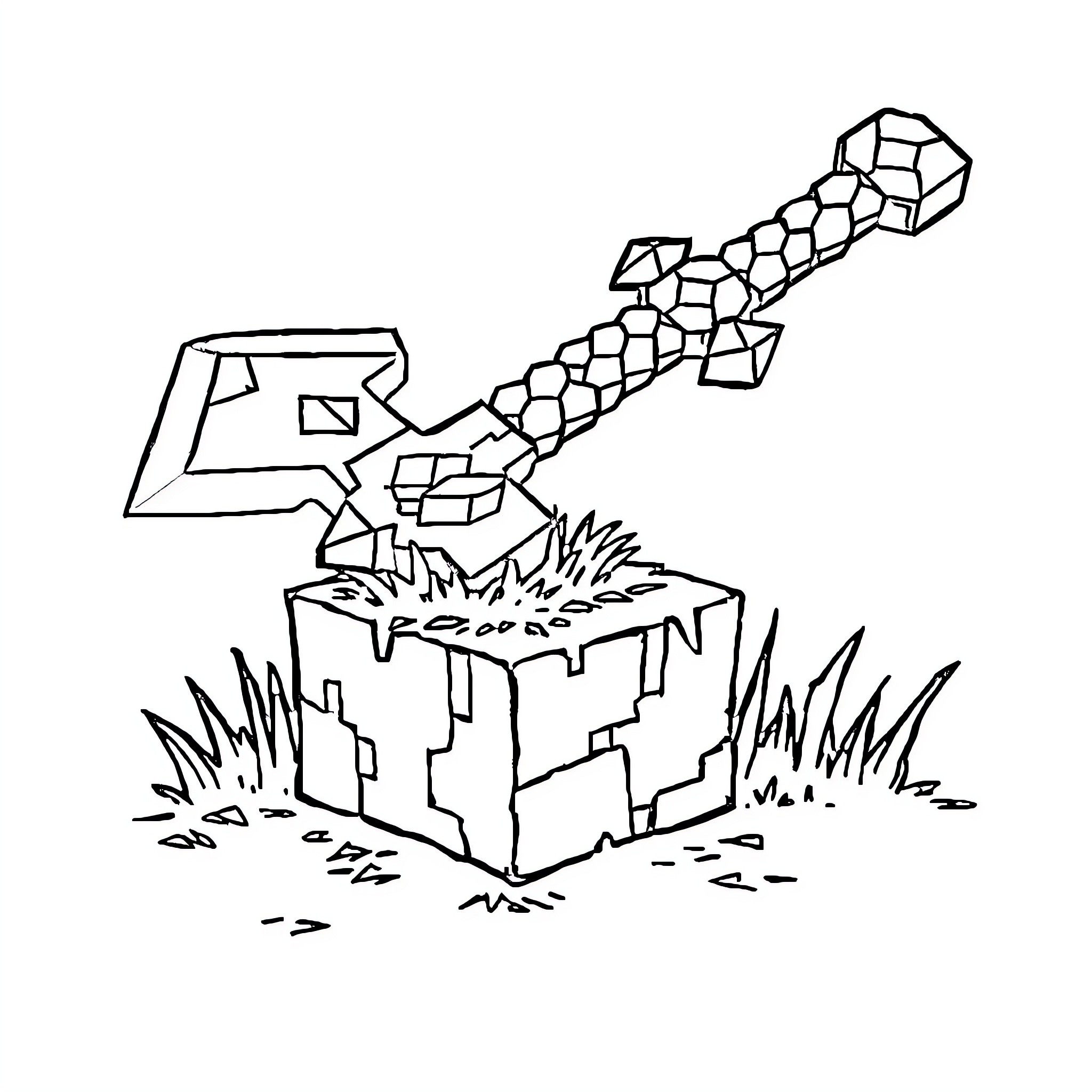 Axe breaking through wooden blocks Coloring Page (free black-and-white line drawing printable PDF for all, from beginners to advanced learners, including children, teens, adults, and seniors)
