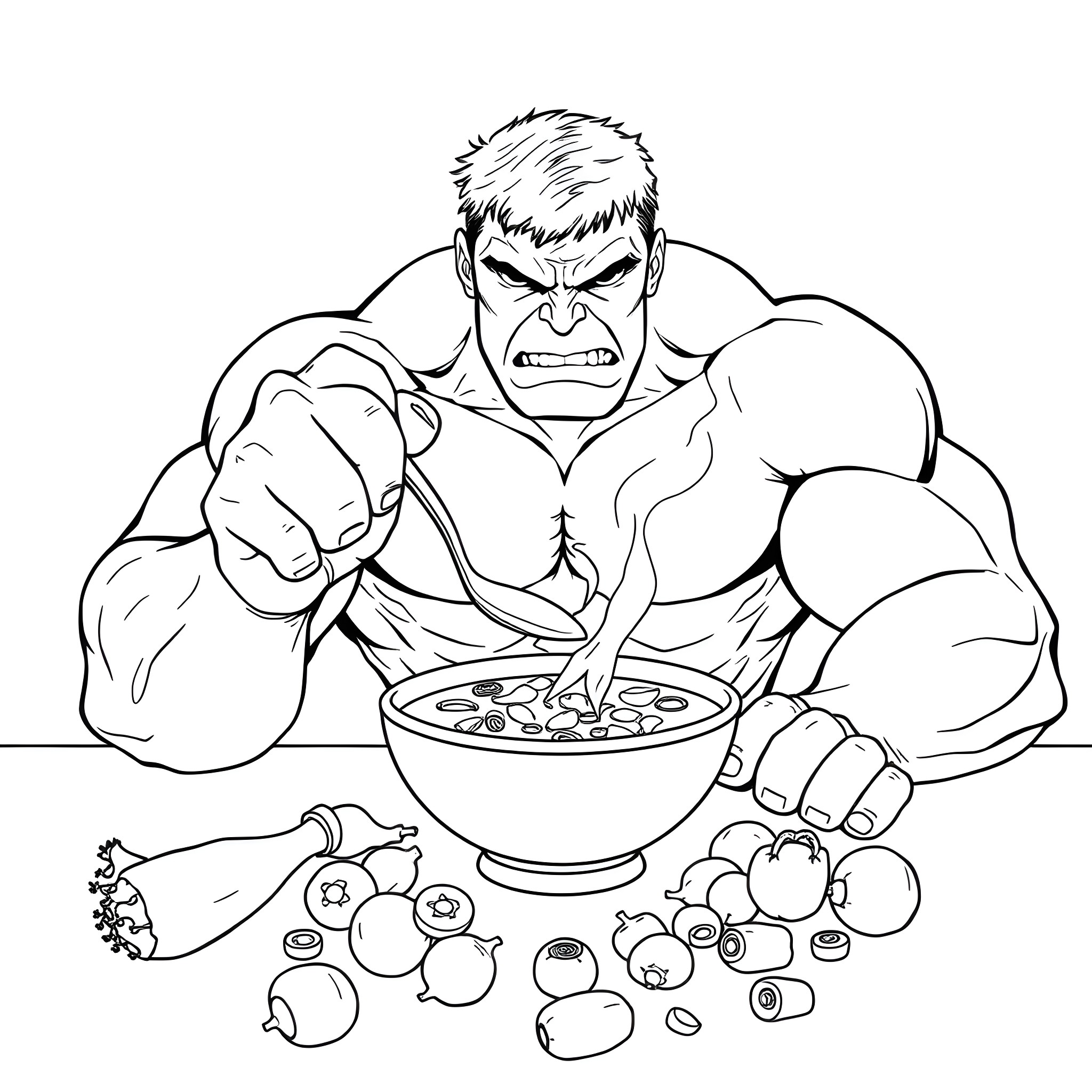 Hulk Eating a Hearty Meal Coloring Page (free black-and-white line drawing printable PDF for all, from beginners to advanced learners, including children, teens, adults, and seniors)