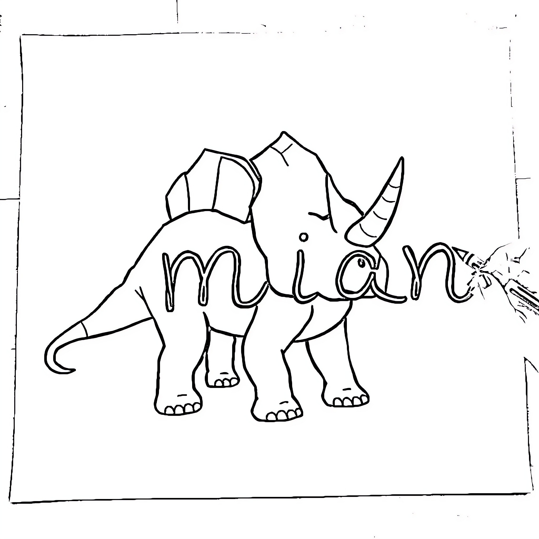 Triceratops with name Milan Coloring Page (free black-and-white line drawing printable PDF for all, from beginners to advanced learners, including children, teens, adults, and seniors)