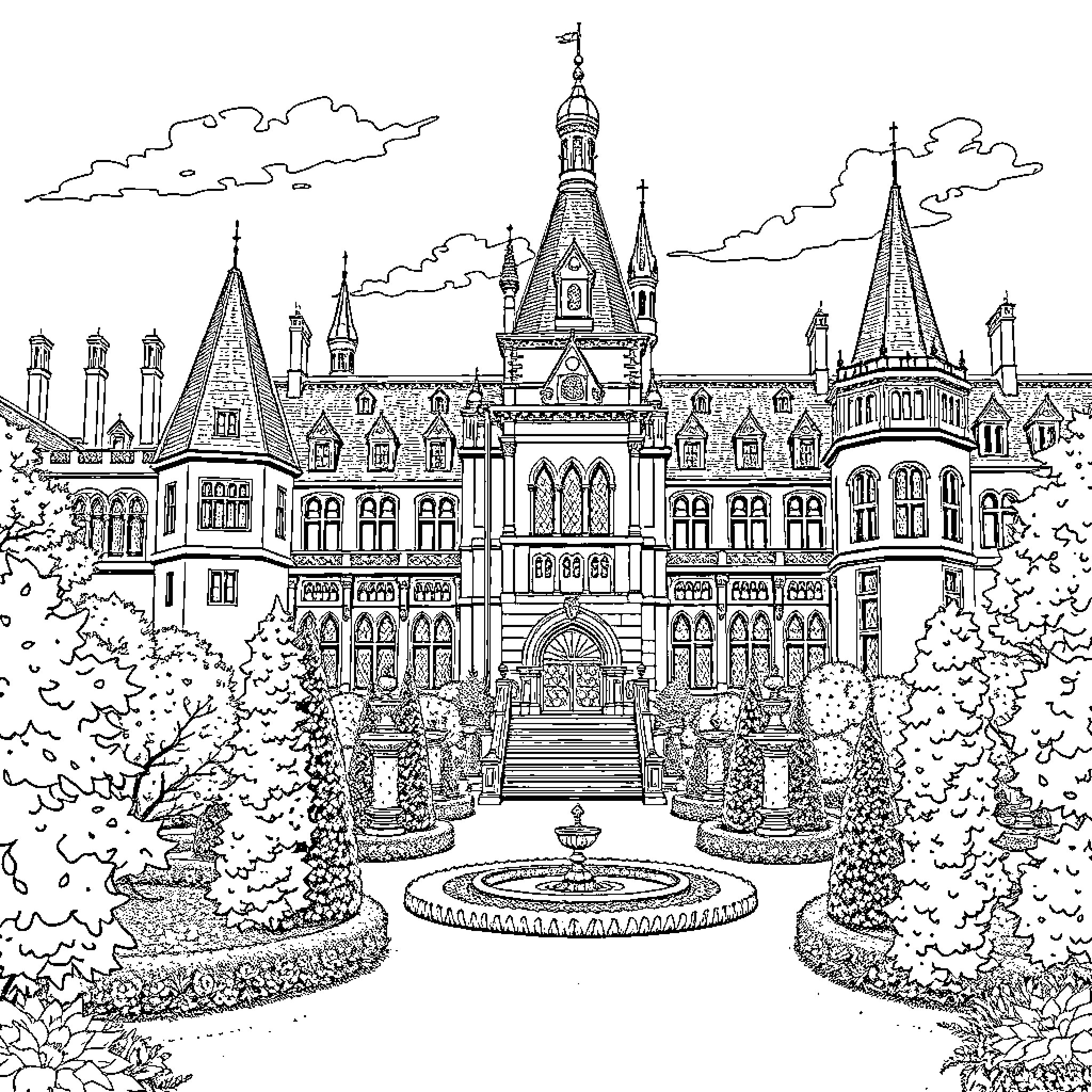 Bauxbatons: Magnificent Gothic Architecture and Ornate Surroundings Coloring Page (free black-and-white line drawing printable PDF for all, from beginners to advanced learners, including children, teens, adults, and seniors)