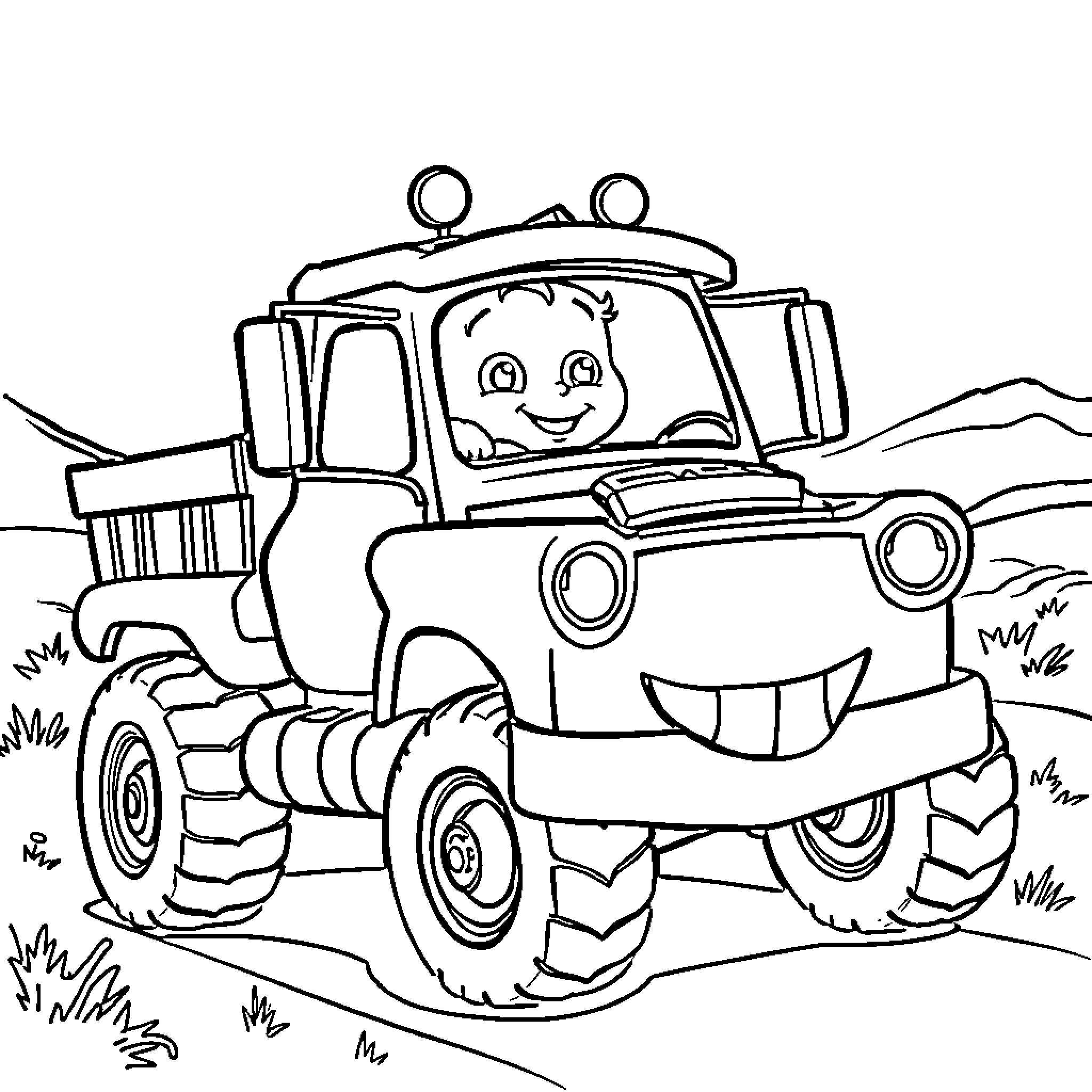 Mater driving happily in the countryside Coloring Page (free black-and-white line drawing printable PDF for all, from beginners to advanced learners, including children, teens, adults, and seniors)