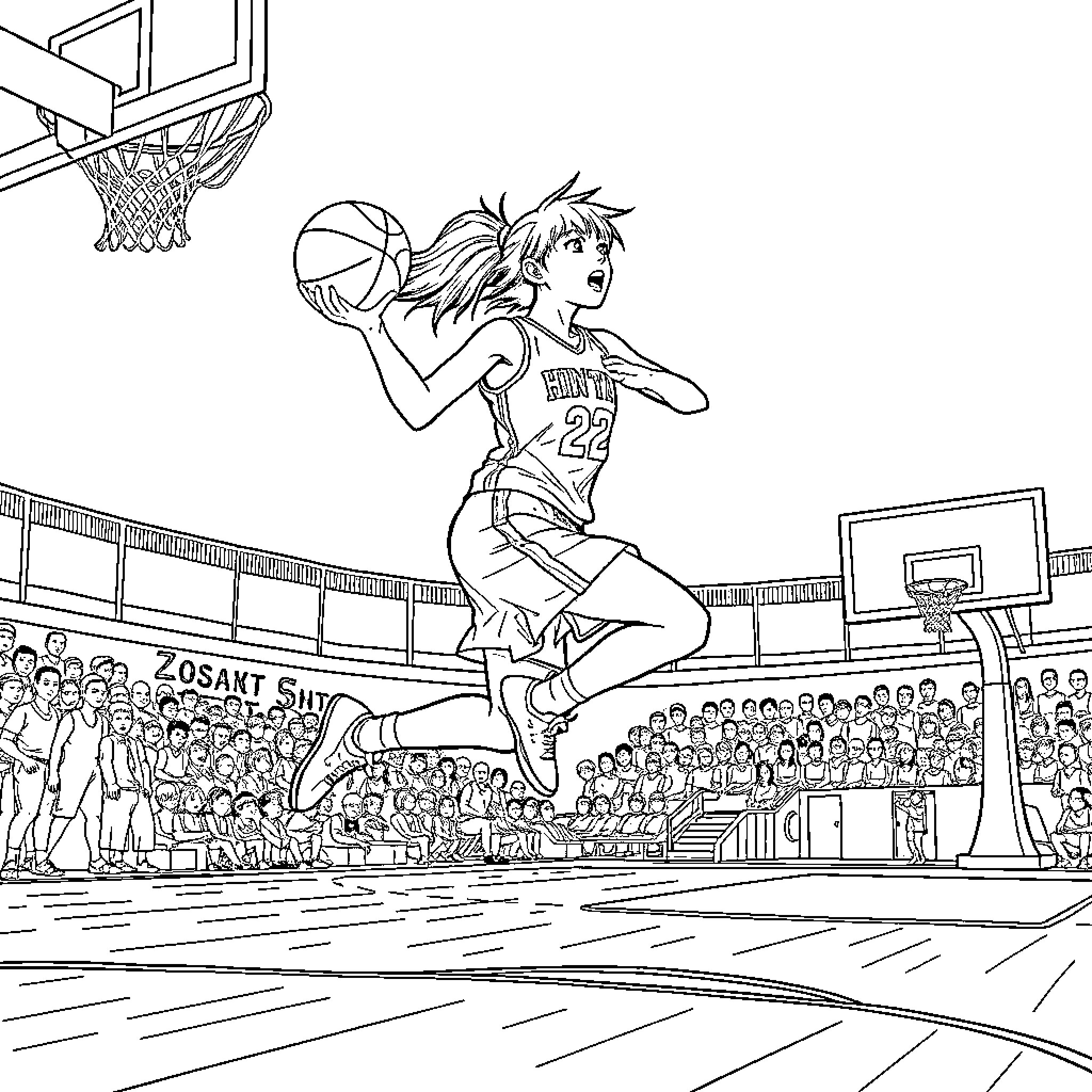 Hinata playing basketball in the stadium Coloring Page (free black-and-white line drawing printable PDF for all, from beginners to advanced learners, including children, teens, adults, and seniors)