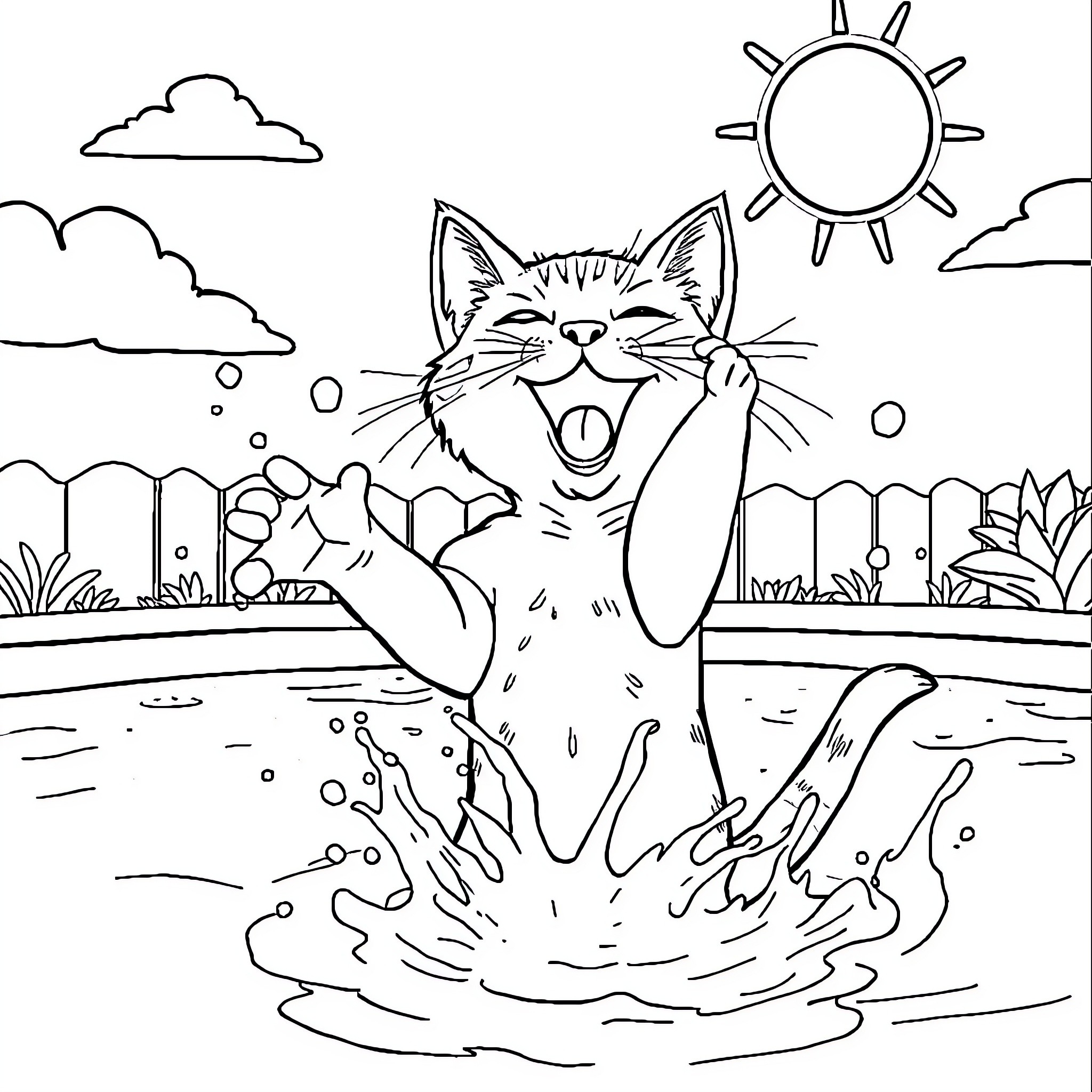 Cat Boy Splashing and Enjoying Summer Day Coloring Page (free black-and-white line drawing printable PDF for all, from beginners to advanced learners, including children, teens, adults, and seniors)