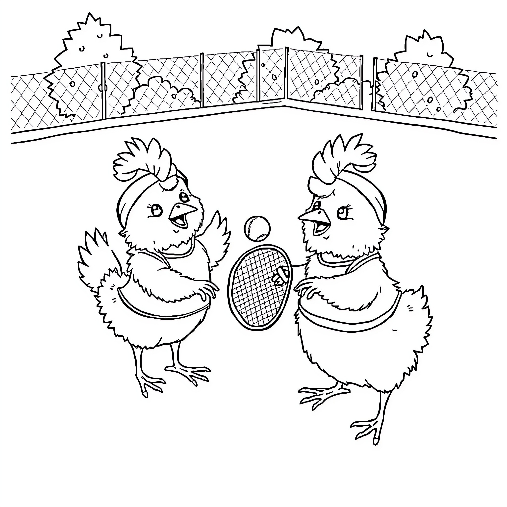 Chicken playing tennis on a court Coloring Page (free black-and-white line drawing printable PDF for all, from beginners to advanced learners, including children, teens, adults, and seniors)