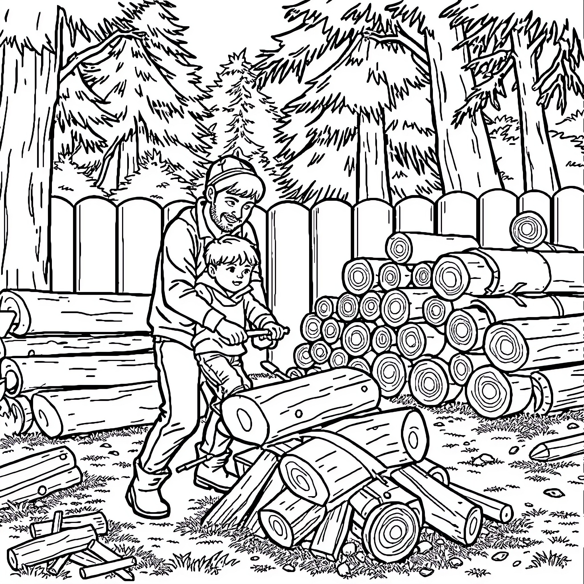 Dad and son working together in the forest Coloring Page (free black-and-white line drawing printable PDF for all, from beginners to advanced learners, including children, teens, adults, and seniors)