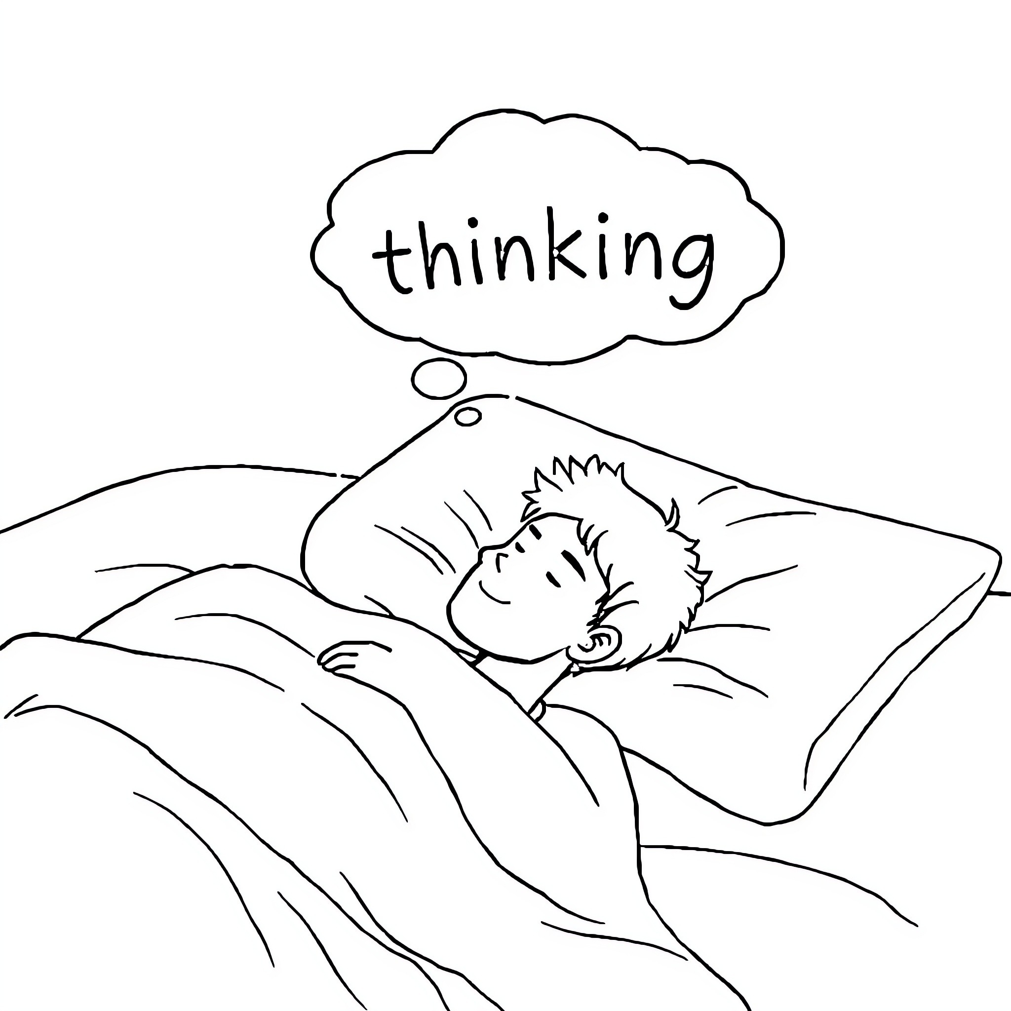 Man deep in thought while resting on bed Coloring Page (free black-and-white line drawing printable PDF for all, from beginners to advanced learners, including children, teens, adults, and seniors)