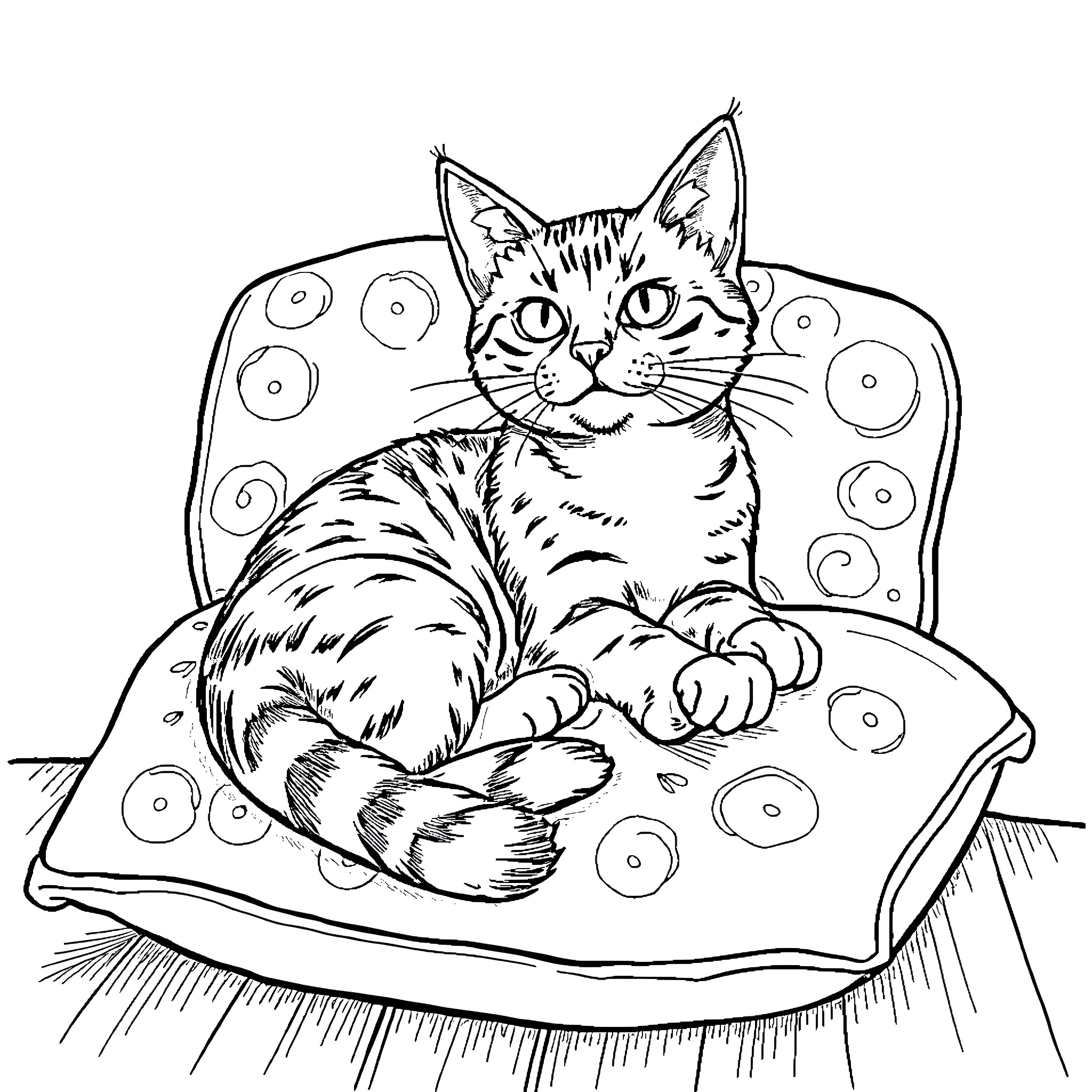 Cat relaxing comfortably on patterned cushion Coloring Page (free black-and-white line drawing printable PDF for all, from beginners to advanced learners, including children, teens, adults, and seniors)
