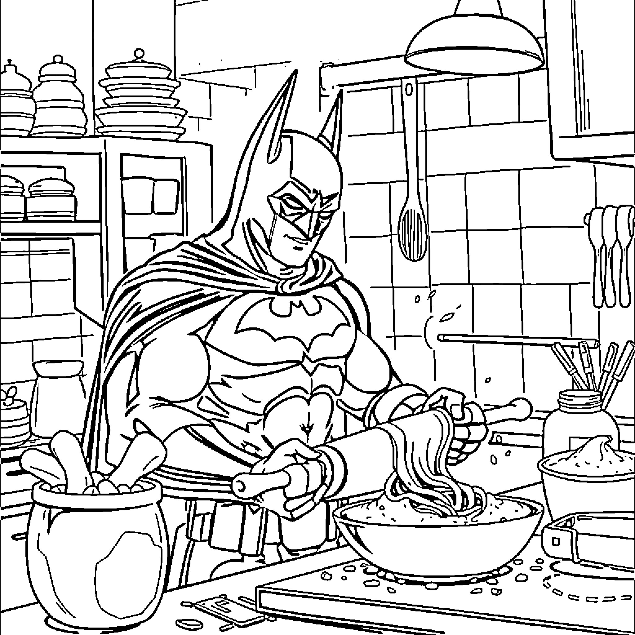 Batman preparing a meal in the kitchen Coloring Page (free black-and-white line drawing printable PDF for all, from beginners to advanced learners, including children, teens, adults, and seniors)