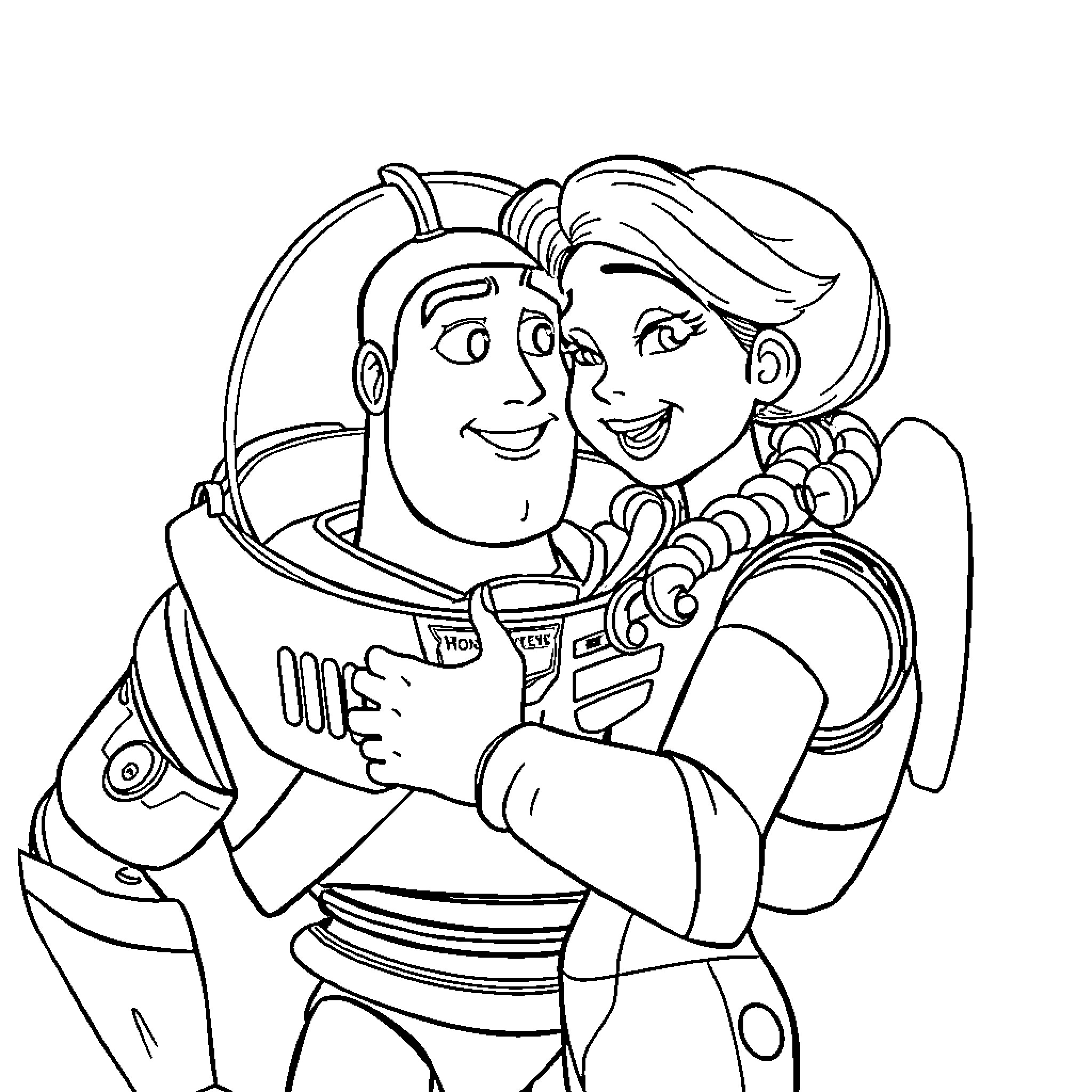 Buzz Lightyear and companion in adventurous pose Coloring Page (free black-and-white line drawing printable PDF for all, from beginners to advanced learners, including children, teens, adults, and seniors)