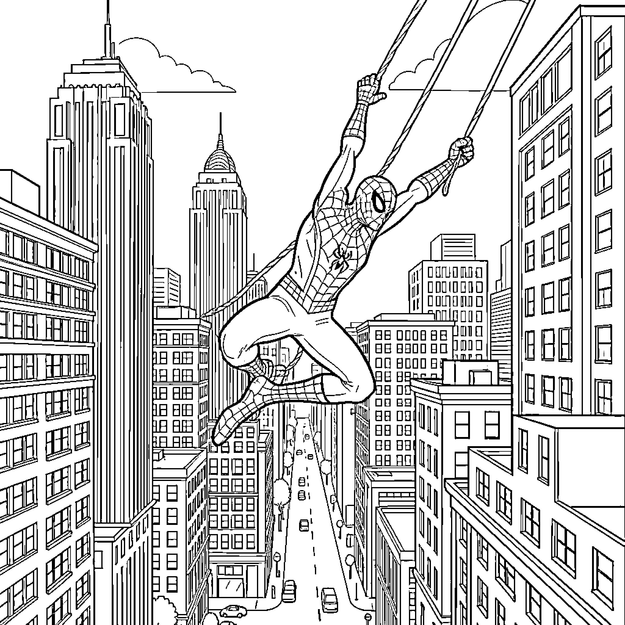 Spiderman swinging through a busy city skyline Coloring Page (free black-and-white line drawing printable PDF for all, from beginners to advanced learners, including children, teens, adults, and seniors)