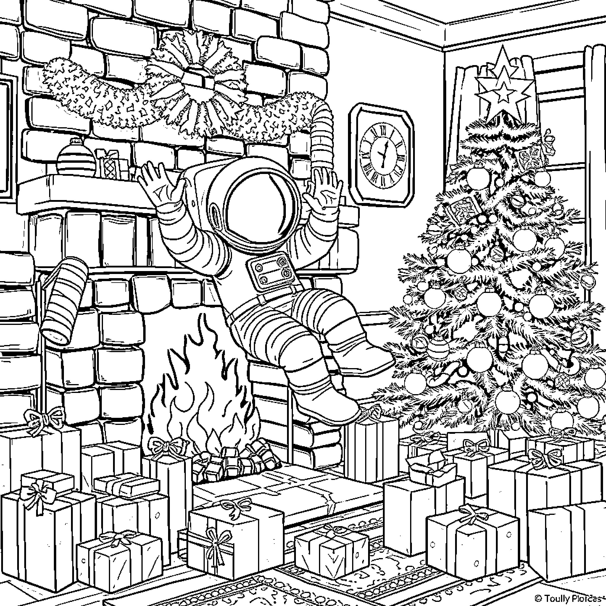 Astronaut Celebrates Christmas in Cozy Home Coloring Page (free black-and-white line drawing printable PDF for all, from beginners to advanced learners, including children, teens, adults, and seniors)