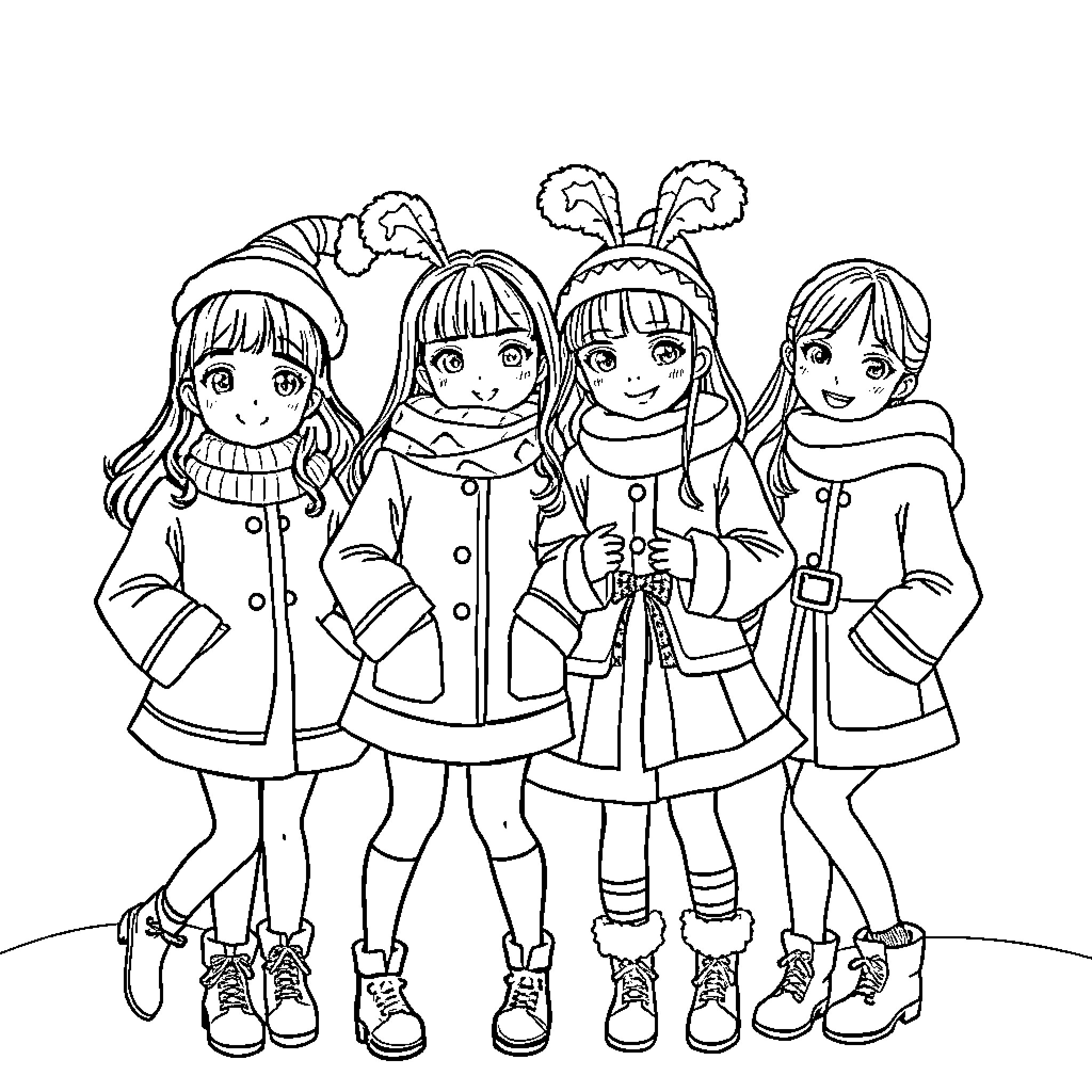 Kpop Girls in Adorable Winter Outfits Coloring Page (free black-and-white line drawing printable PDF for all, from beginners to advanced learners, including children, teens, adults, and seniors)