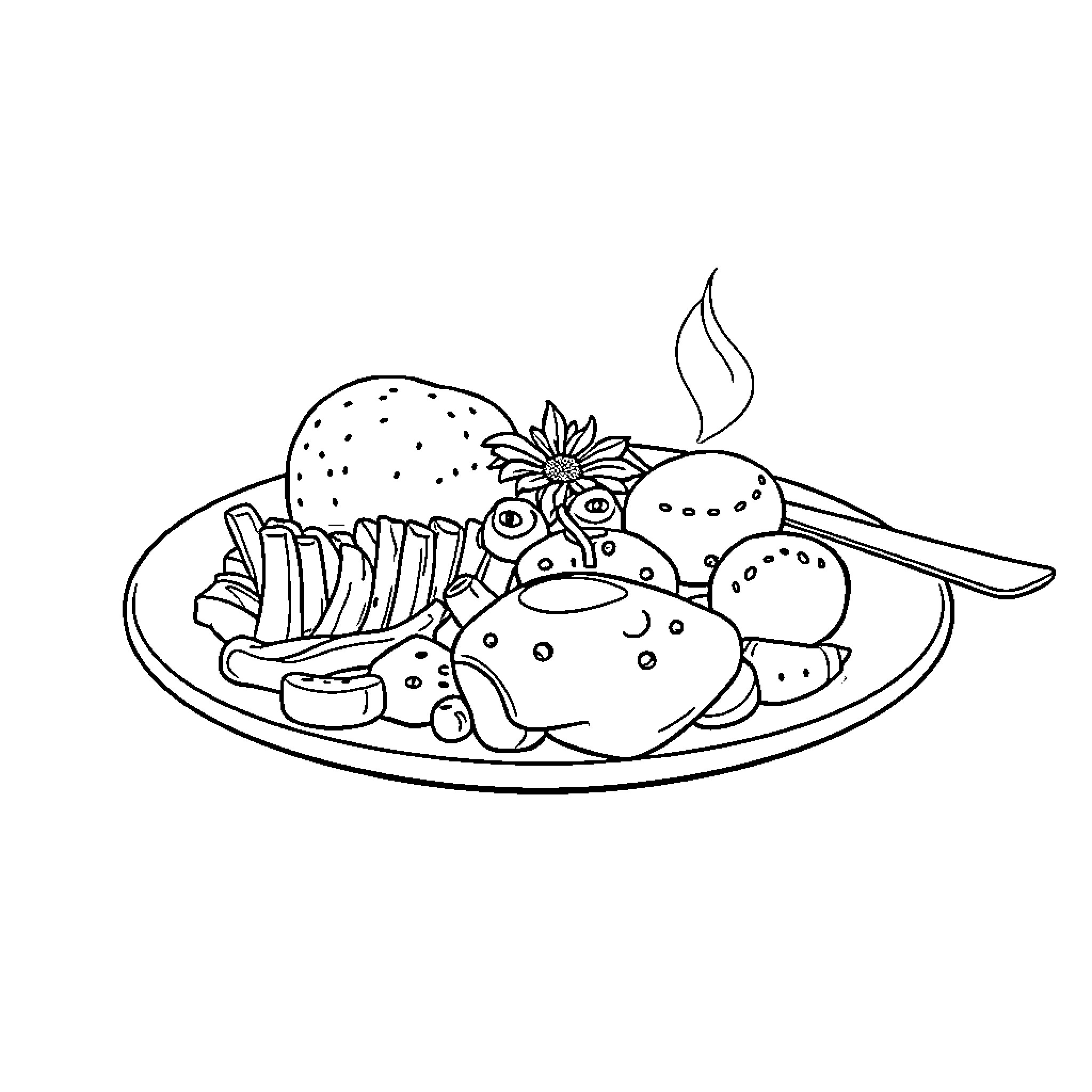 Drawing of a Hearty Meal on a Plate Coloring Page (free black-and-white line drawing printable PDF for all, from beginners to advanced learners, including children, teens, adults, and seniors)