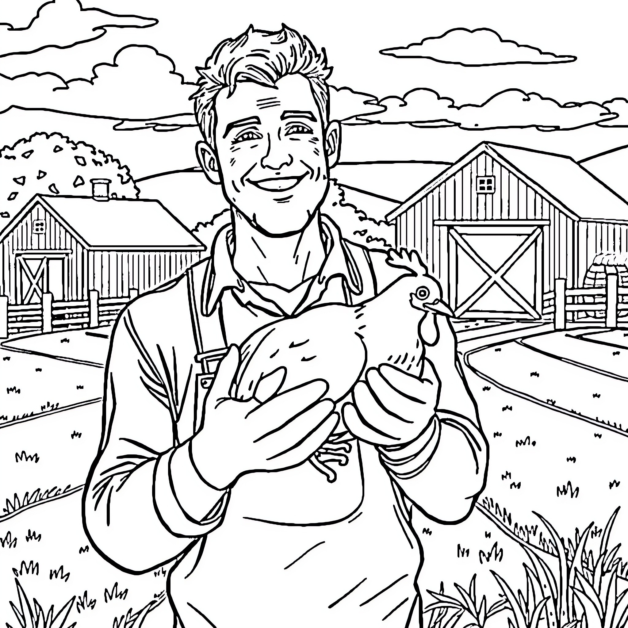 Chicken farmer holding a happy chicken on his farm Coloring Page (free black-and-white line drawing printable PDF for all, from beginners to advanced learners, including children, teens, adults, and seniors)