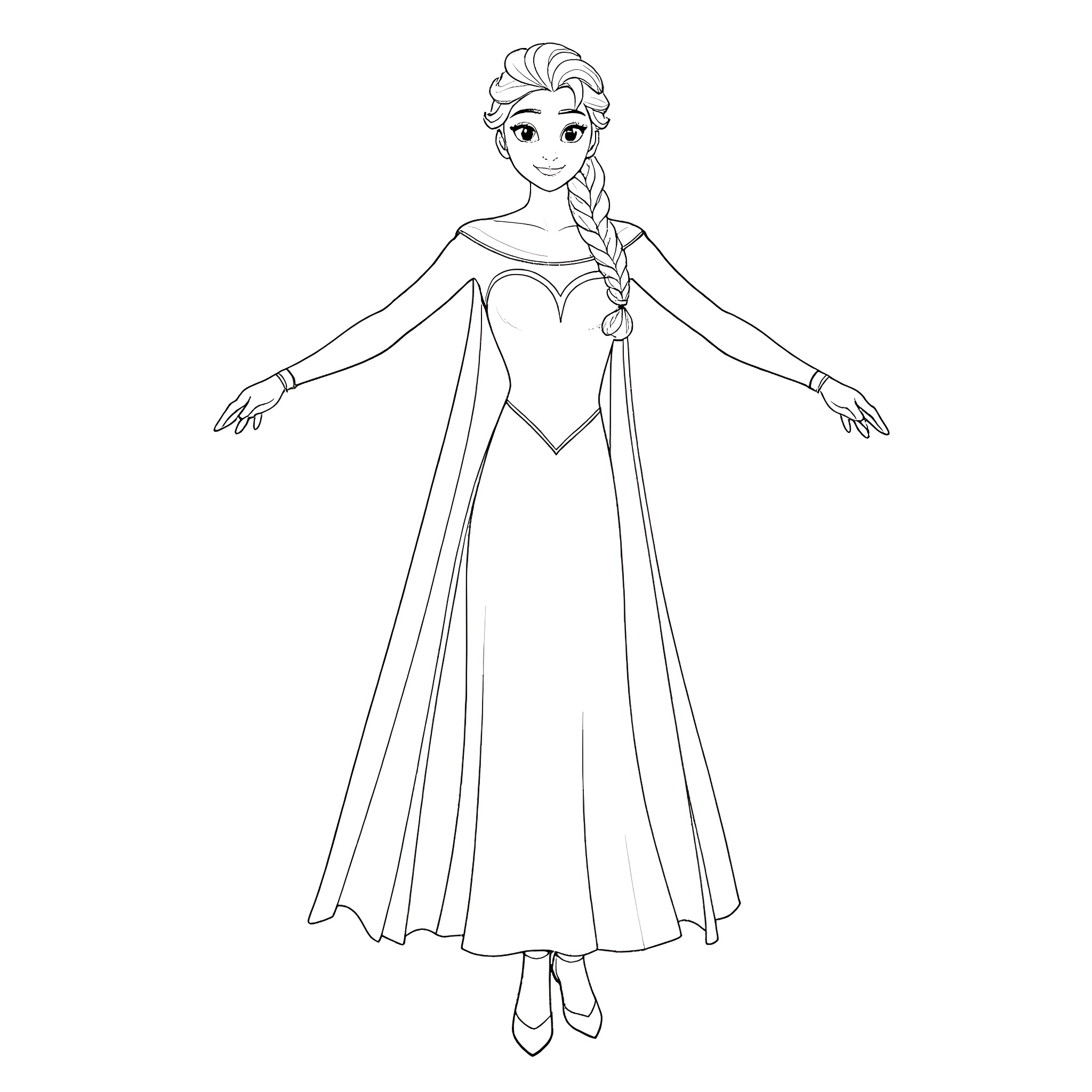 Elsa's Elegant Frozen Pose Coloring Page (free black-and-white line drawing printable PDF for all, from beginners to advanced learners, including children, teens, adults, and seniors)