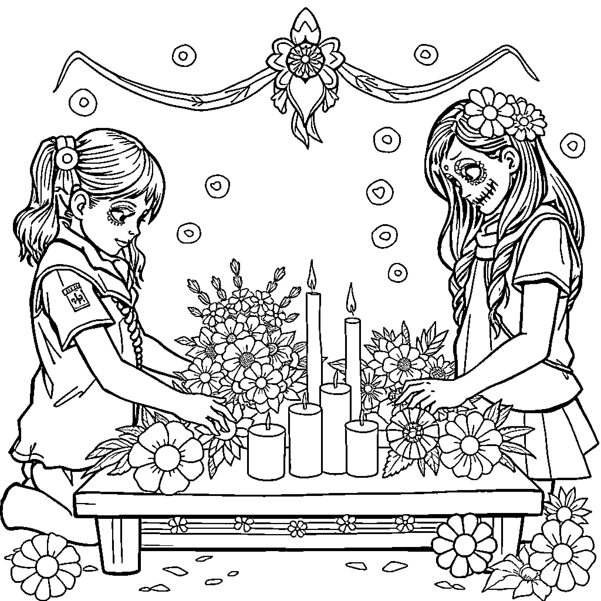 Girl Scout Leaders Decorating for a Special Event Coloring Page (free black-and-white line drawing printable PDF for all, from beginners to advanced learners, including children, teens, adults, and seniors)