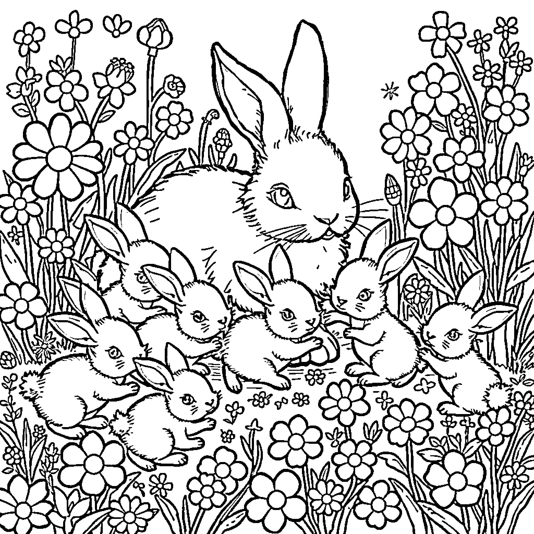 Rabbit family surrounded by vibrant flowers Coloring Page (free black-and-white line drawing printable PDF for all, from beginners to advanced learners, including children, teens, adults, and seniors)