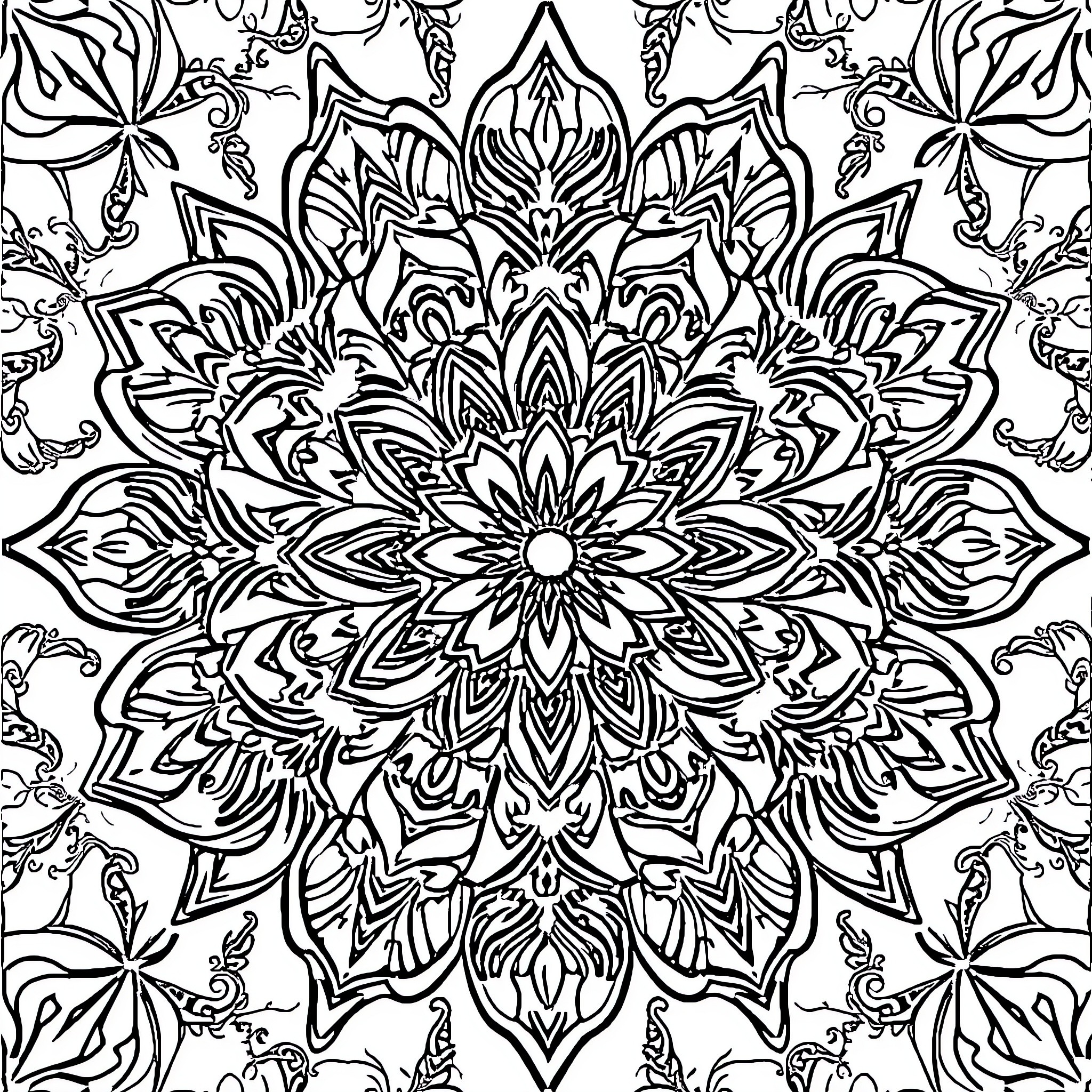 Mandala of intricate floral patterns Coloring Page (free black-and-white line drawing printable PDF for all, from beginners to advanced learners, including children, teens, adults, and seniors)