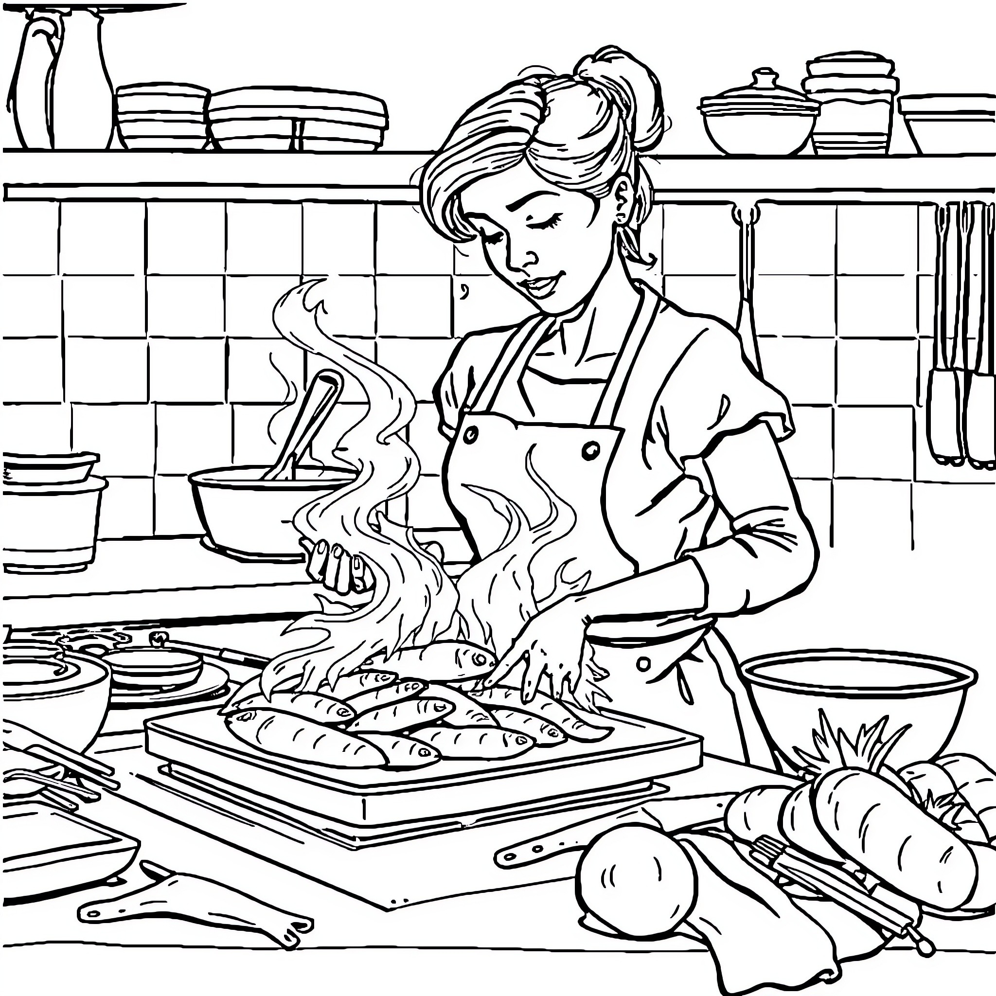 Woman cooking in a kitchen surrounded by utensils Coloring Page (free black-and-white line drawing printable PDF for all, from beginners to advanced learners, including children, teens, adults, and seniors)