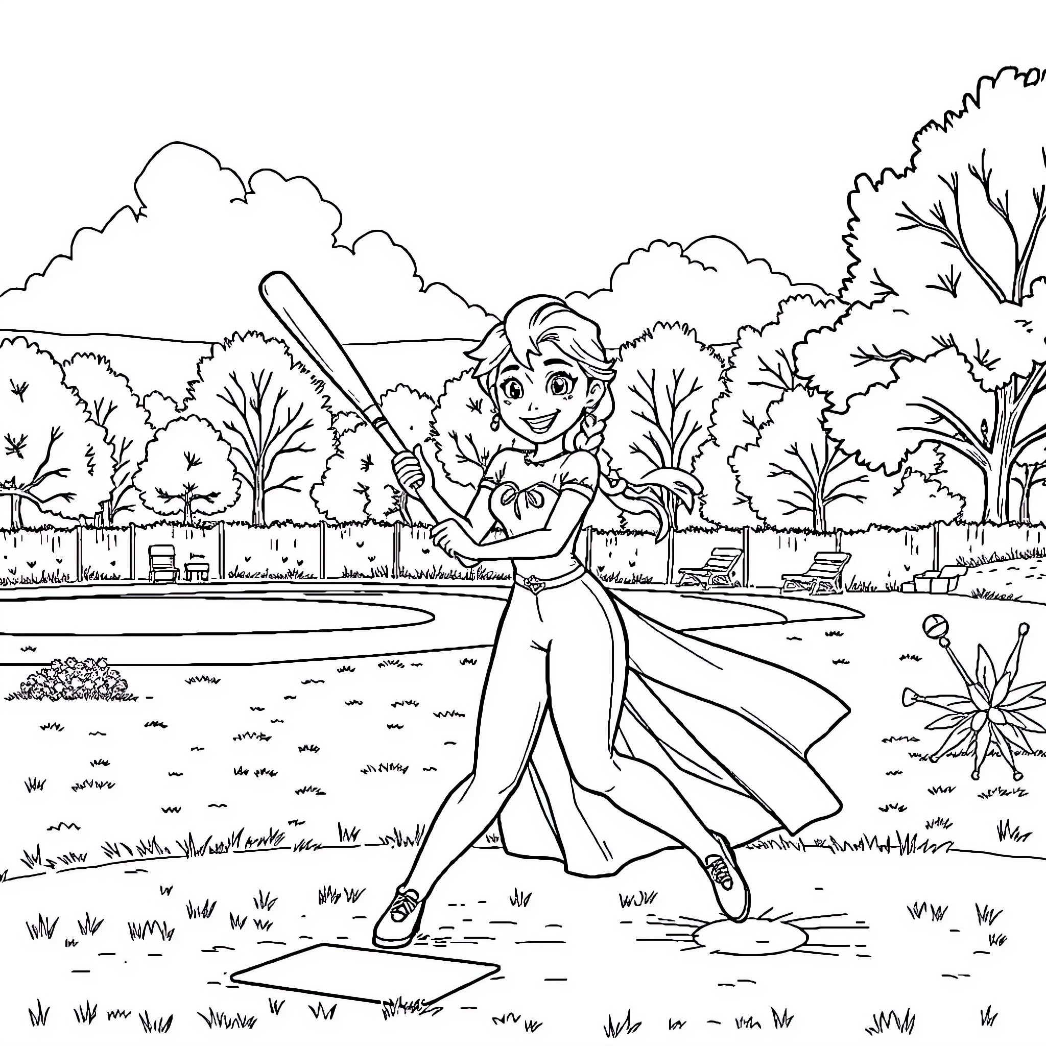 Elsa playing baseball in the park Coloring Page (free black-and-white line drawing printable PDF for all, from beginners to advanced learners, including children, teens, adults, and seniors)