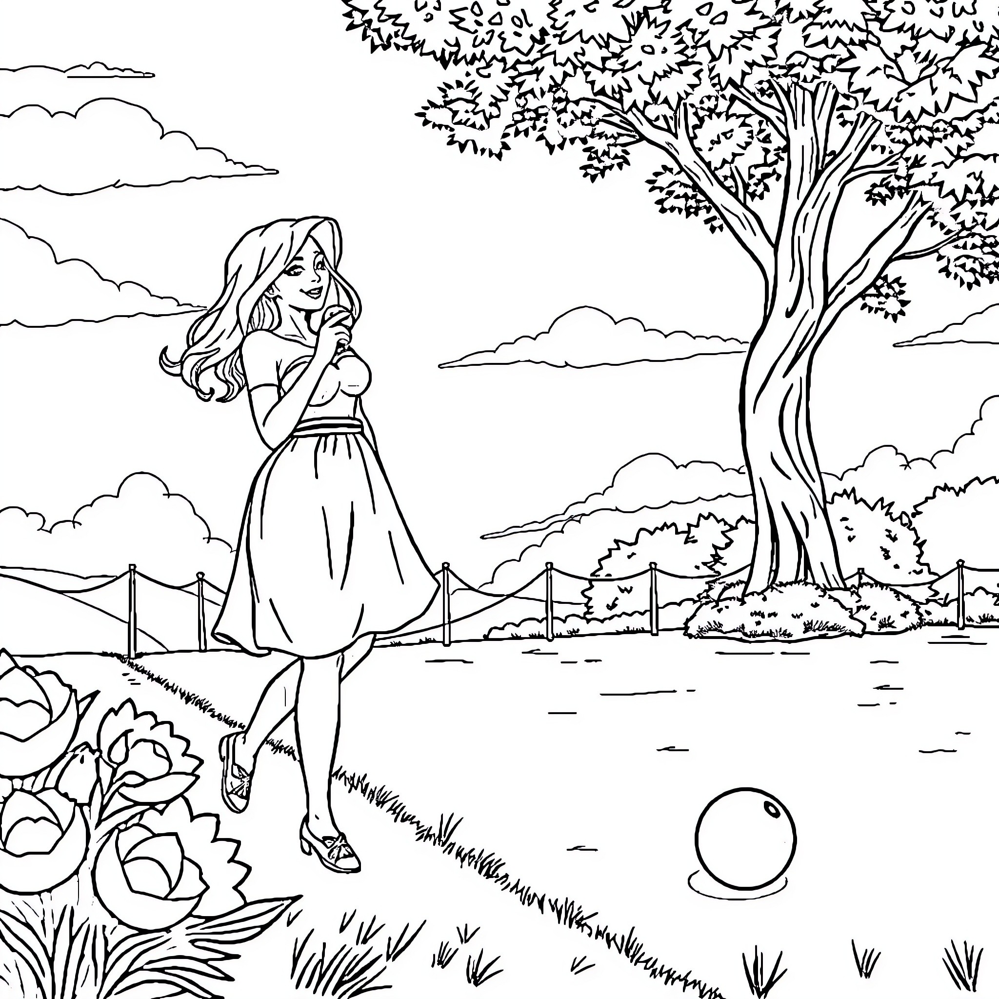 Panther woman walks through enchanted garden Coloring Page (free black-and-white line drawing printable PDF for all, from beginners to advanced learners, including children, teens, adults, and seniors)