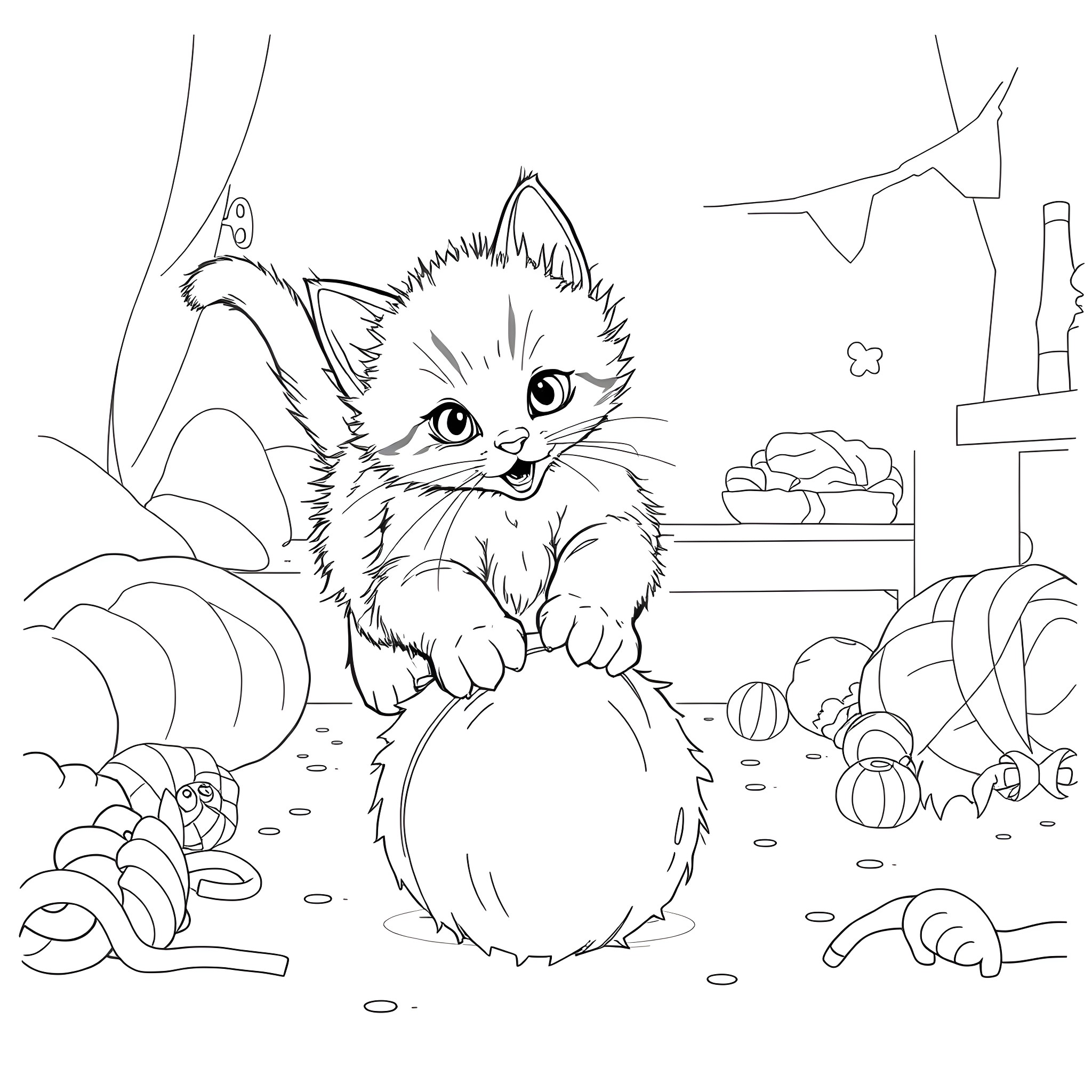 Kitten sitting among toys and objects Coloring Page (free black-and-white line drawing printable PDF for all, from beginners to advanced learners, including children, teens, adults, and seniors)