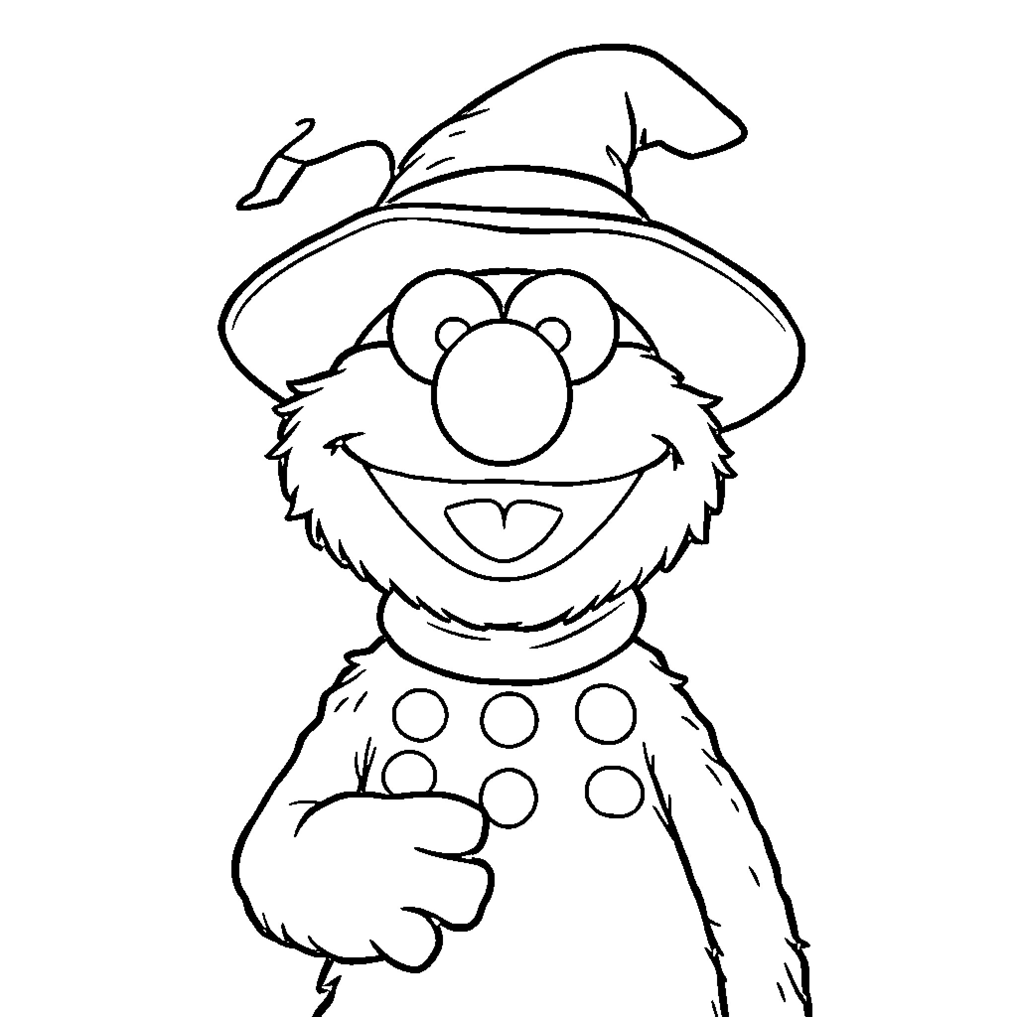 Elmo Wearing Witch Hat and Smiling Coloring Page (free black-and-white line drawing printable PDF for all, from beginners to advanced learners, including children, teens, adults, and seniors)