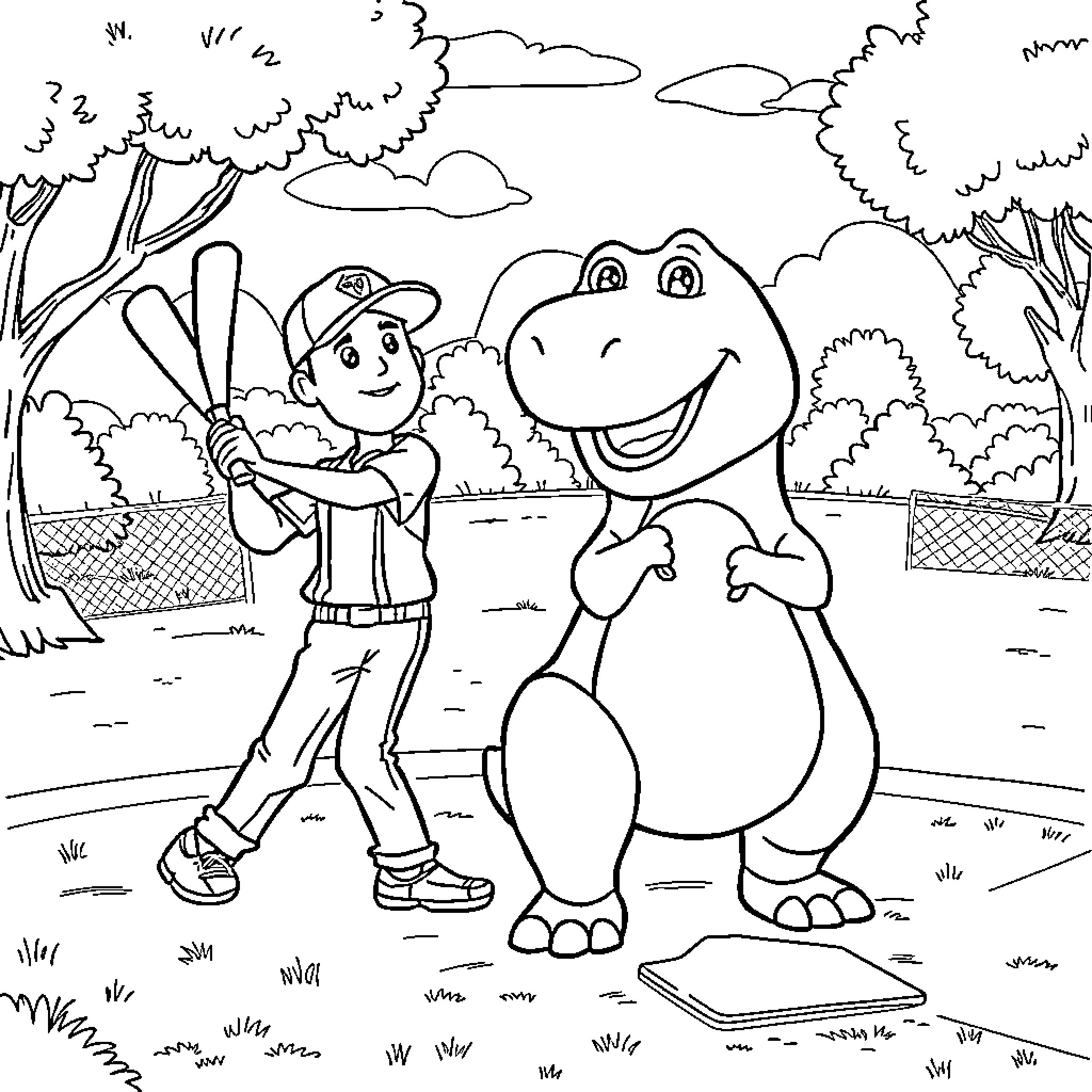 Handyman and Friendly Dinosaur in Outdoor Scene Coloring Page (free black-and-white line drawing printable PDF for all, from beginners to advanced learners, including children, teens, adults, and seniors)