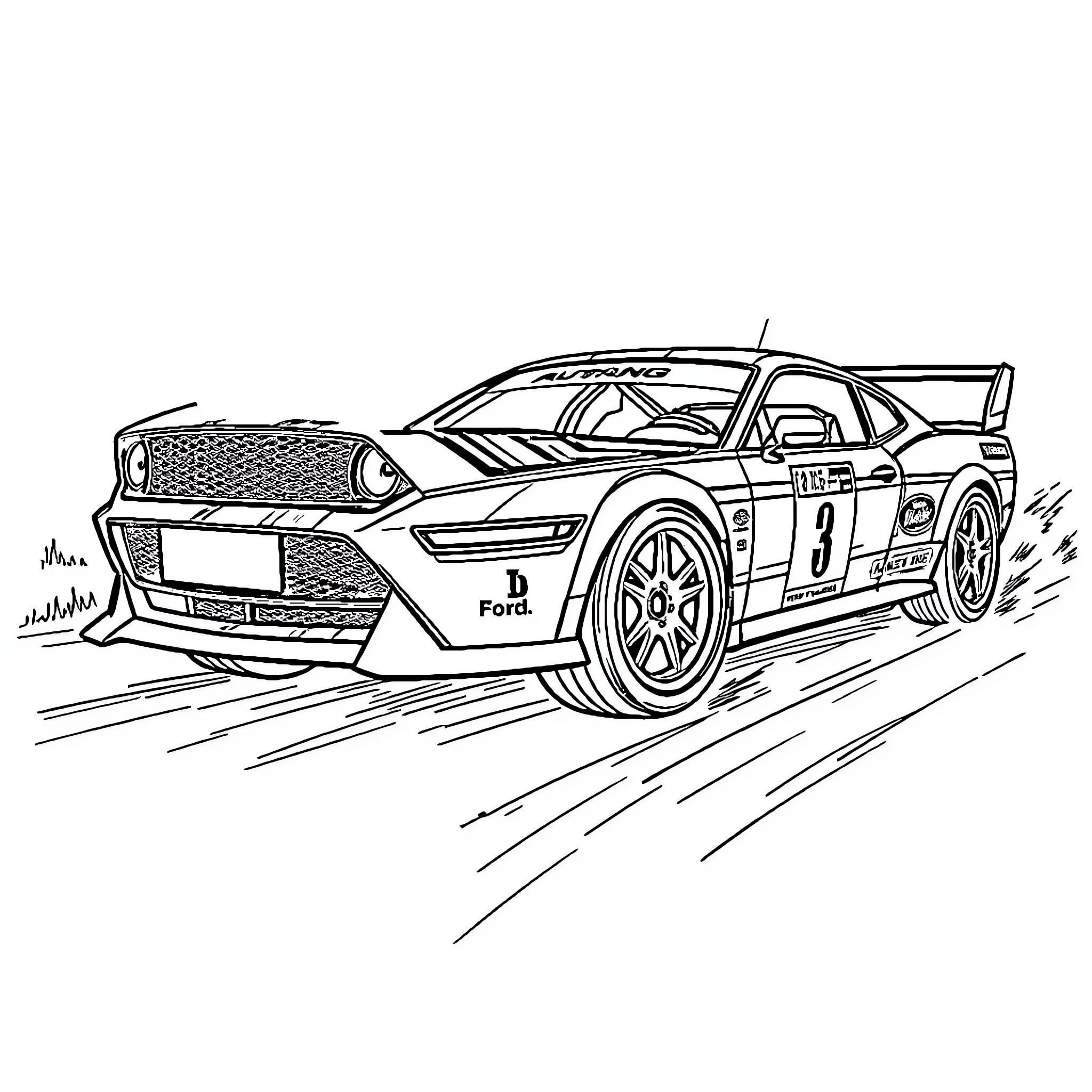 Ford Mustang Racing Enthusiastically on Track Coloring Page (free black-and-white line drawing printable PDF for all, from beginners to advanced learners, including children, teens, adults, and seniors)