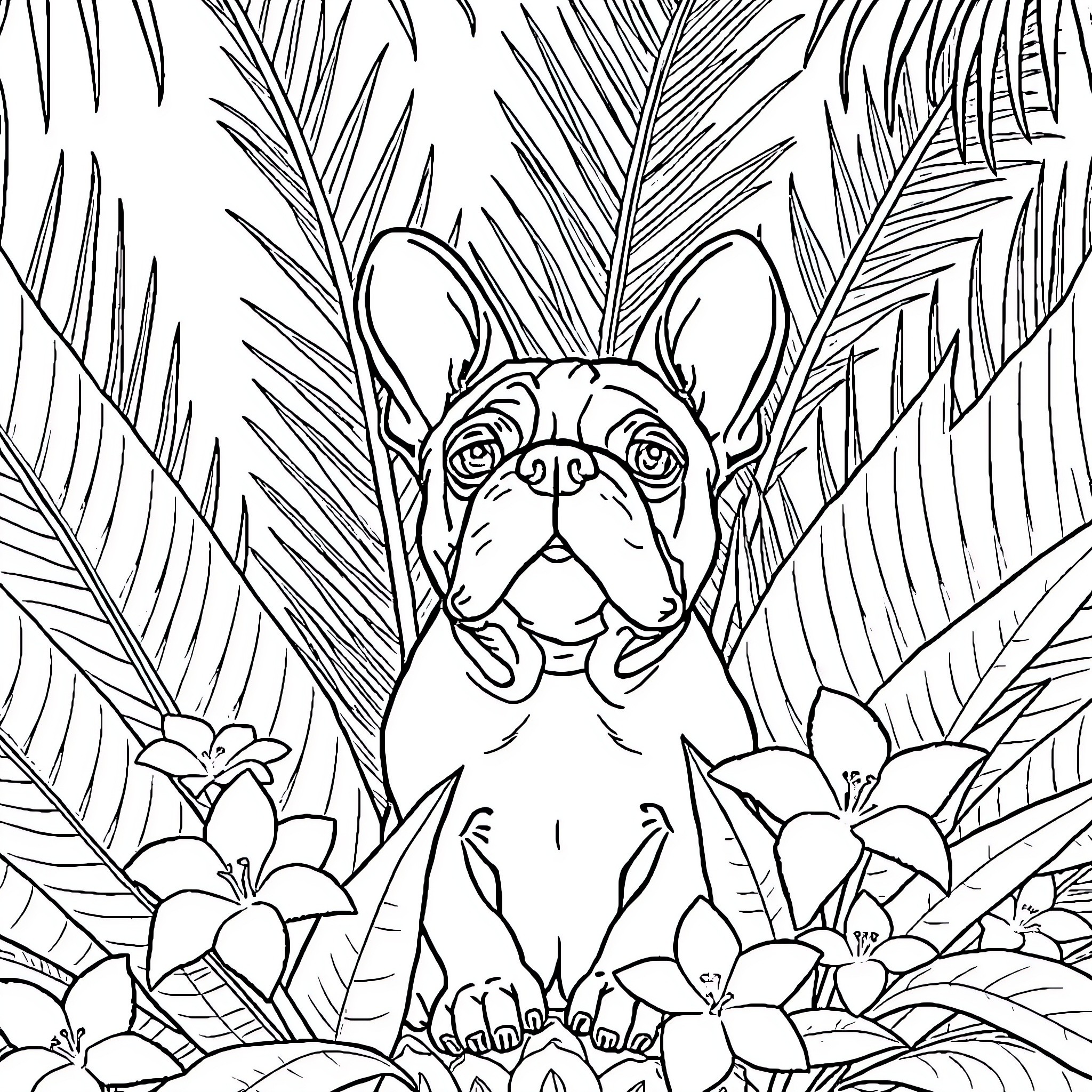 French Bulldog hidden in tropical foliage Coloring Page (free black-and-white line drawing printable PDF for all, from beginners to advanced learners, including children, teens, adults, and seniors)