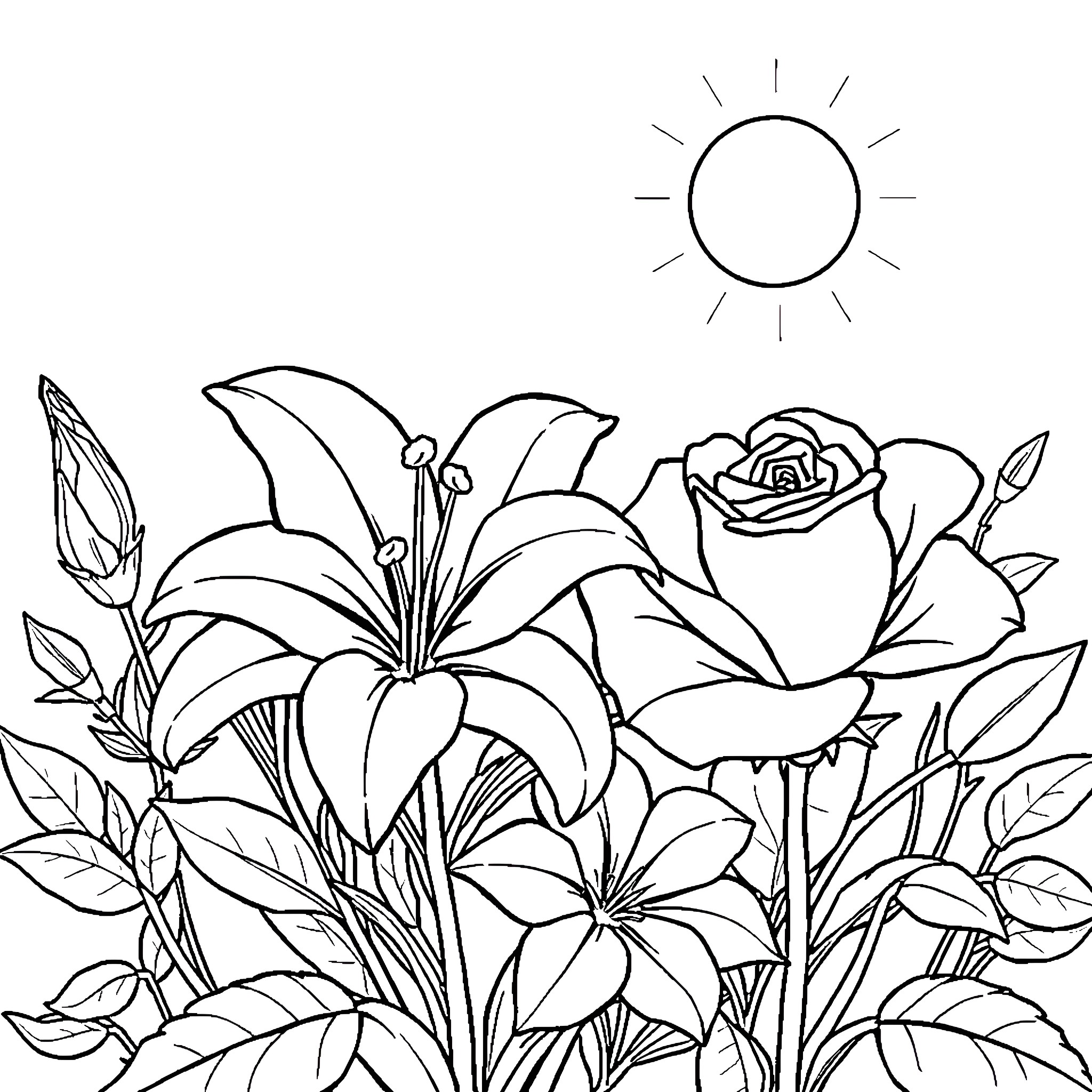 Flower garden with blooming flora under sunlight Coloring Page (free black-and-white line drawing printable PDF for all, from beginners to advanced learners, including children, teens, adults, and seniors)