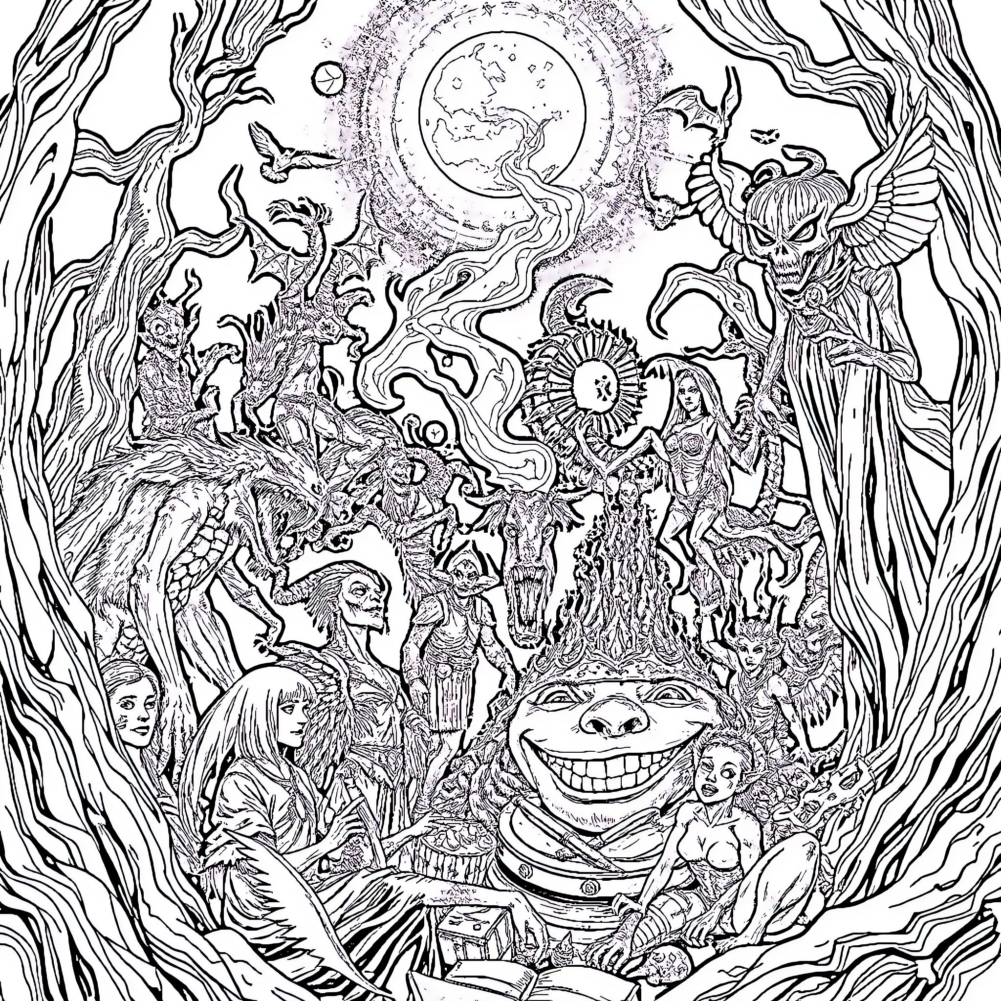 Supernatural Wonders in a Mystical Realm Coloring Page (free black-and-white line drawing printable PDF for all, from beginners to advanced learners, including children, teens, adults, and seniors)
