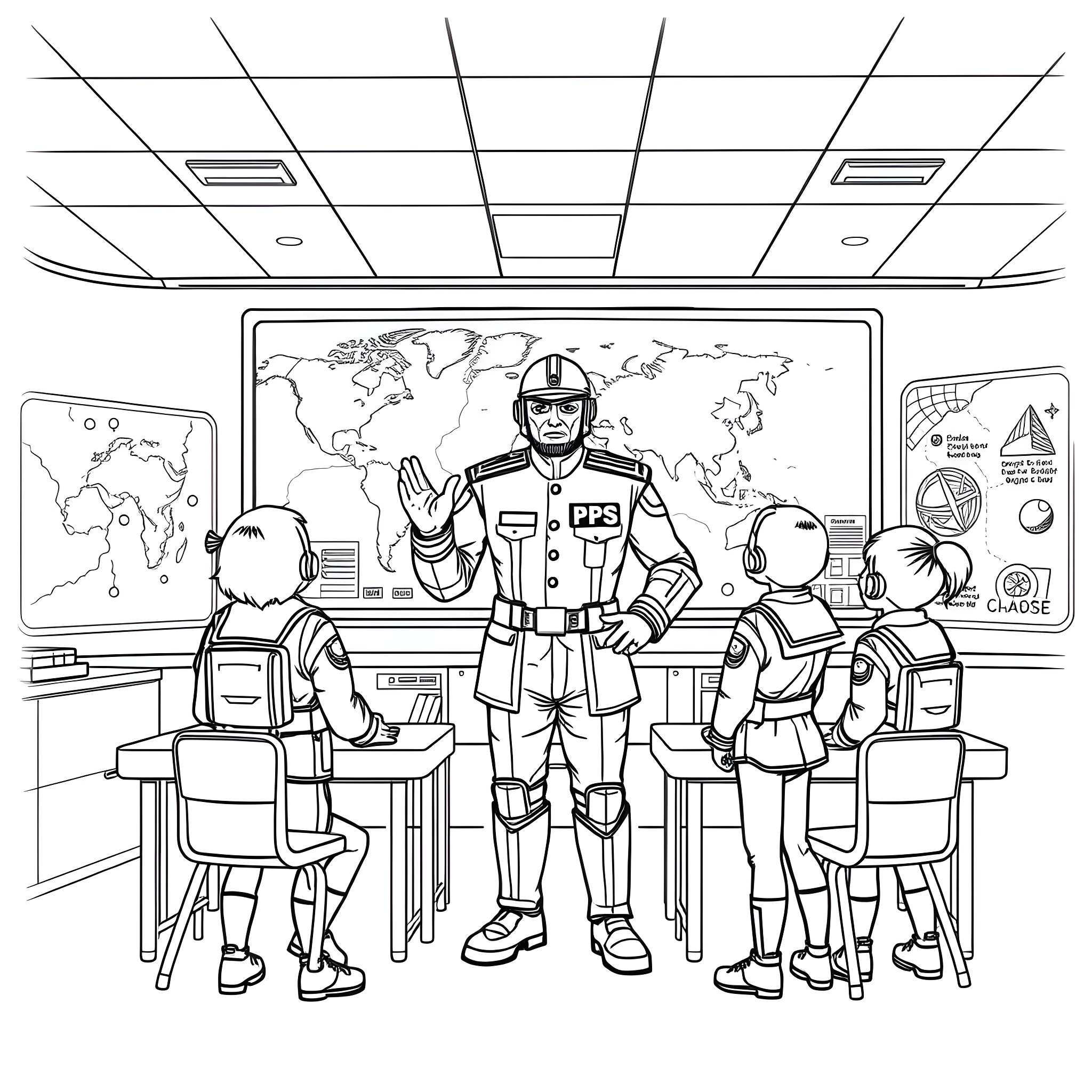 General Classroom with Teacher and Students Coloring Page (free black-and-white line drawing printable PDF for all, from beginners to advanced learners, including children, teens, adults, and seniors)