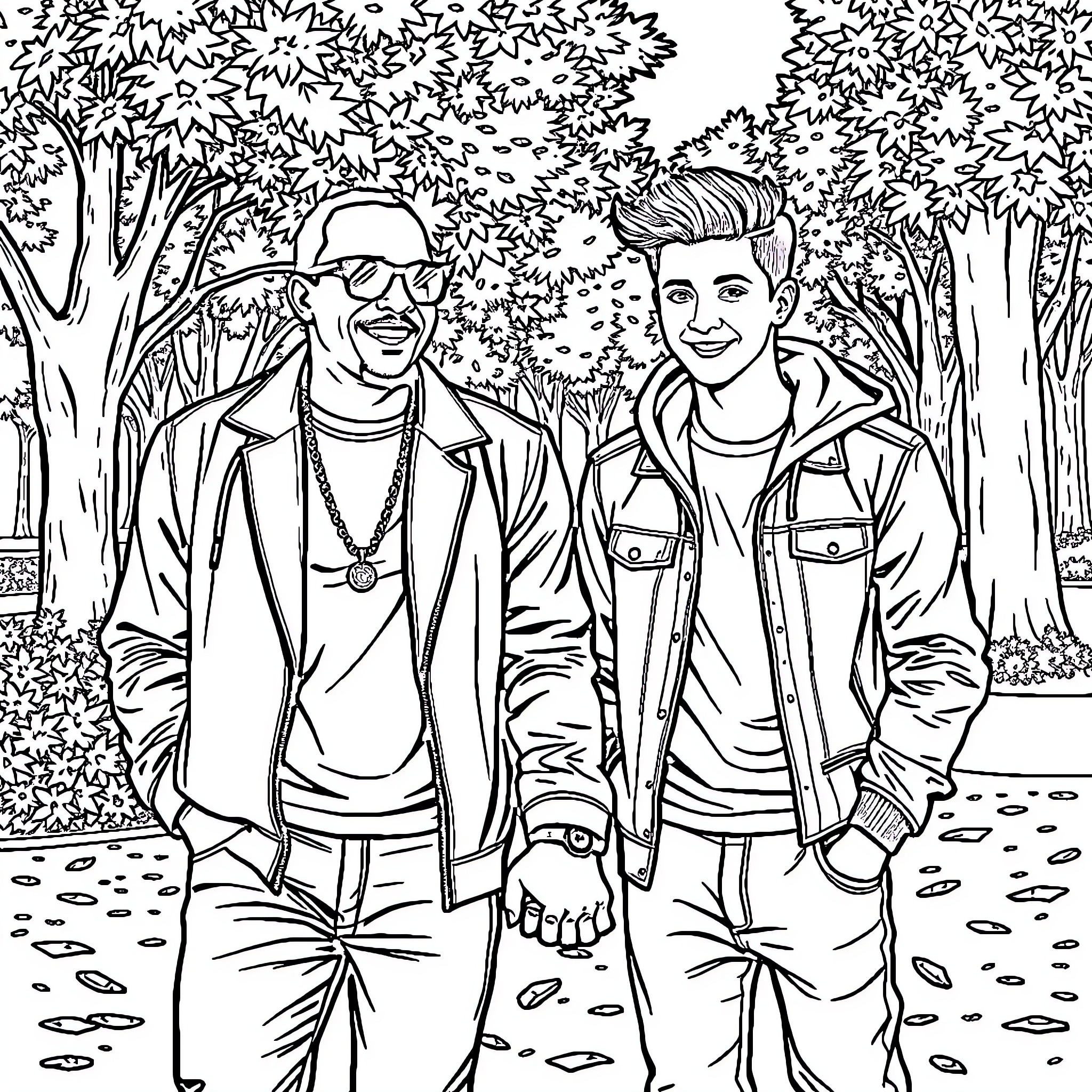 P Diddy and friend strolling through a scenic park Coloring Page (free black-and-white line drawing printable PDF for all, from beginners to advanced learners, including children, teens, adults, and seniors)