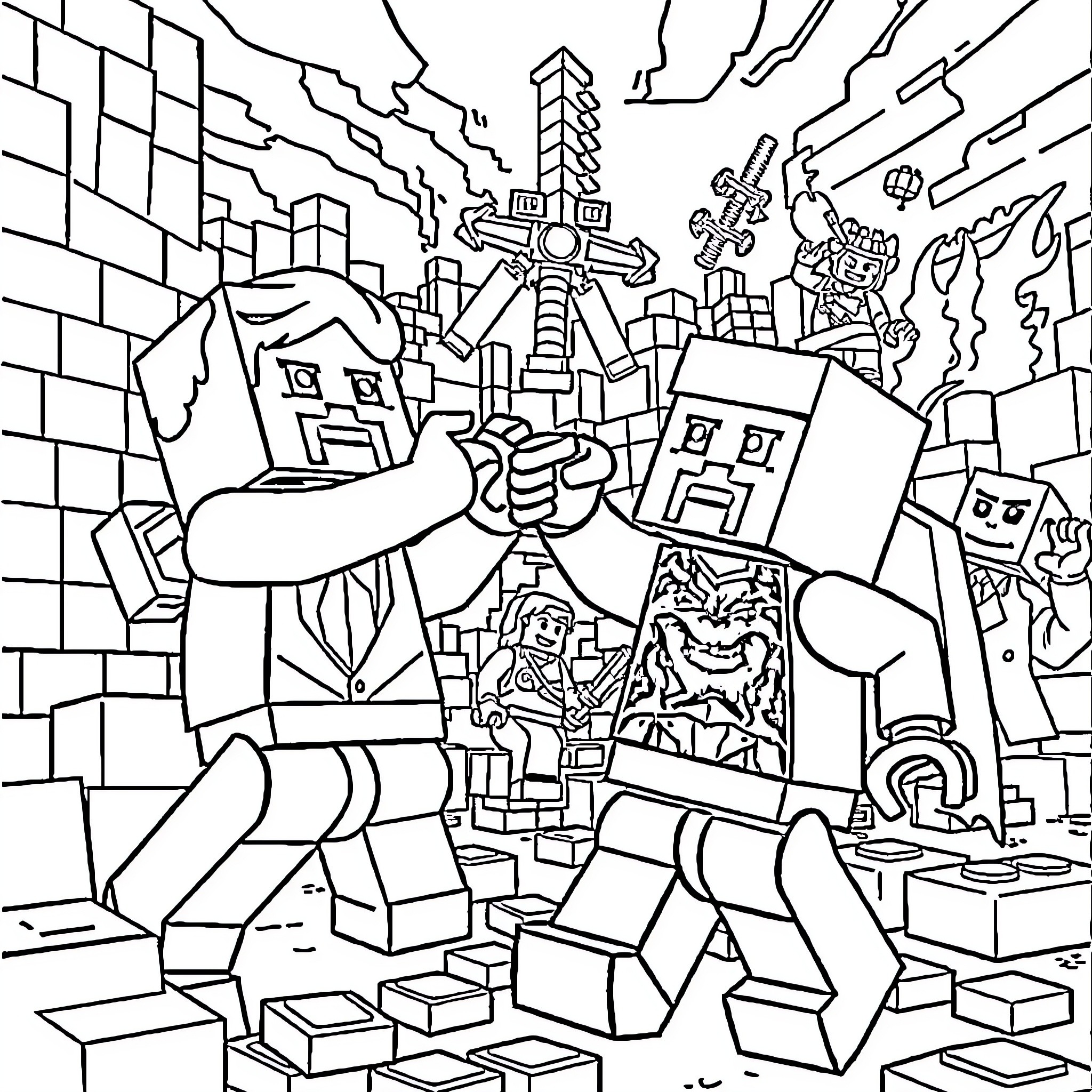 Lego Figures Battling in a Chaotic Cityscape Coloring Page (free black-and-white line drawing printable PDF for all, from beginners to advanced learners, including children, teens, adults, and seniors)