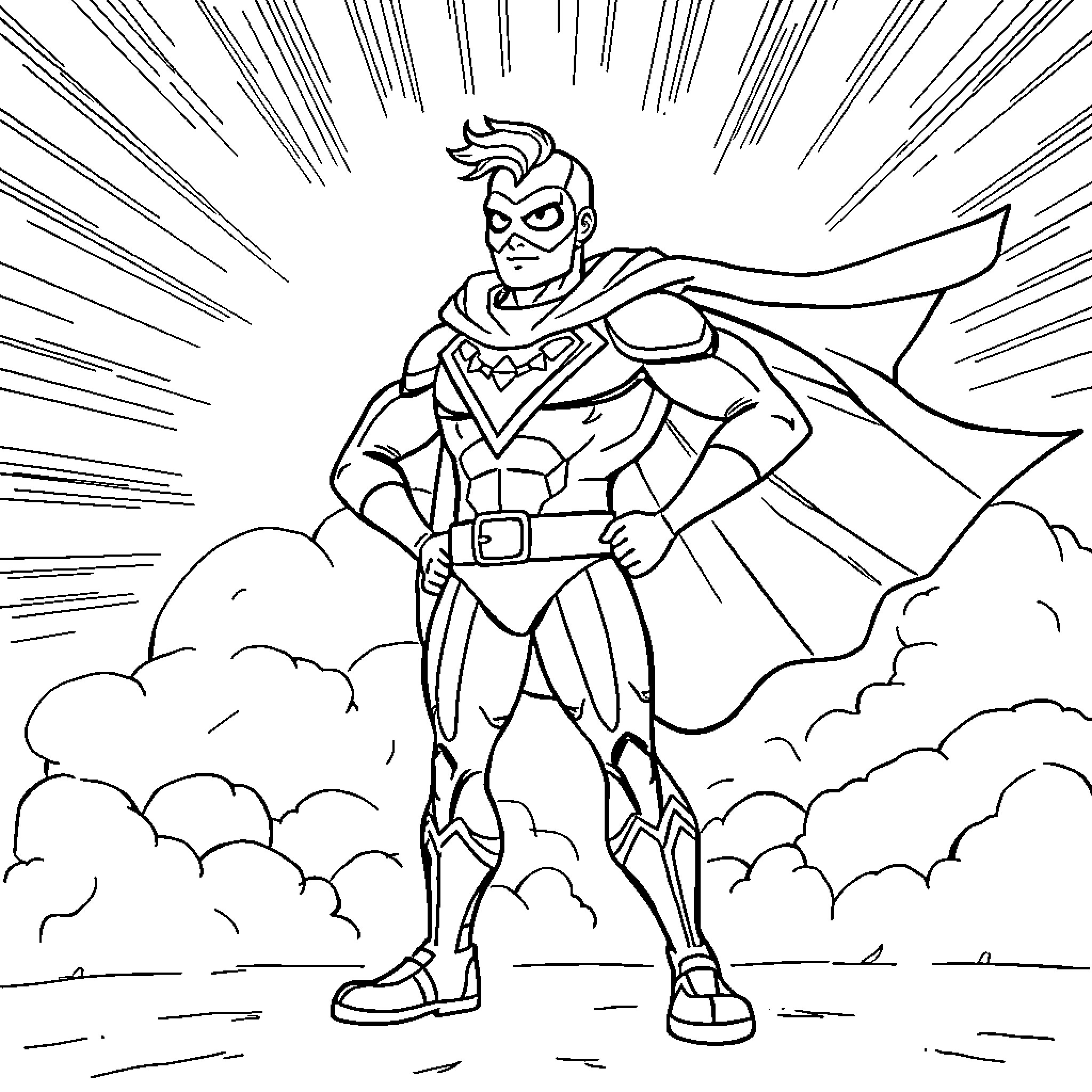 Ganjaman poses heroically in the clouds Coloring Page (free black-and-white line drawing printable PDF for all, from beginners to advanced learners, including children, teens, adults, and seniors)