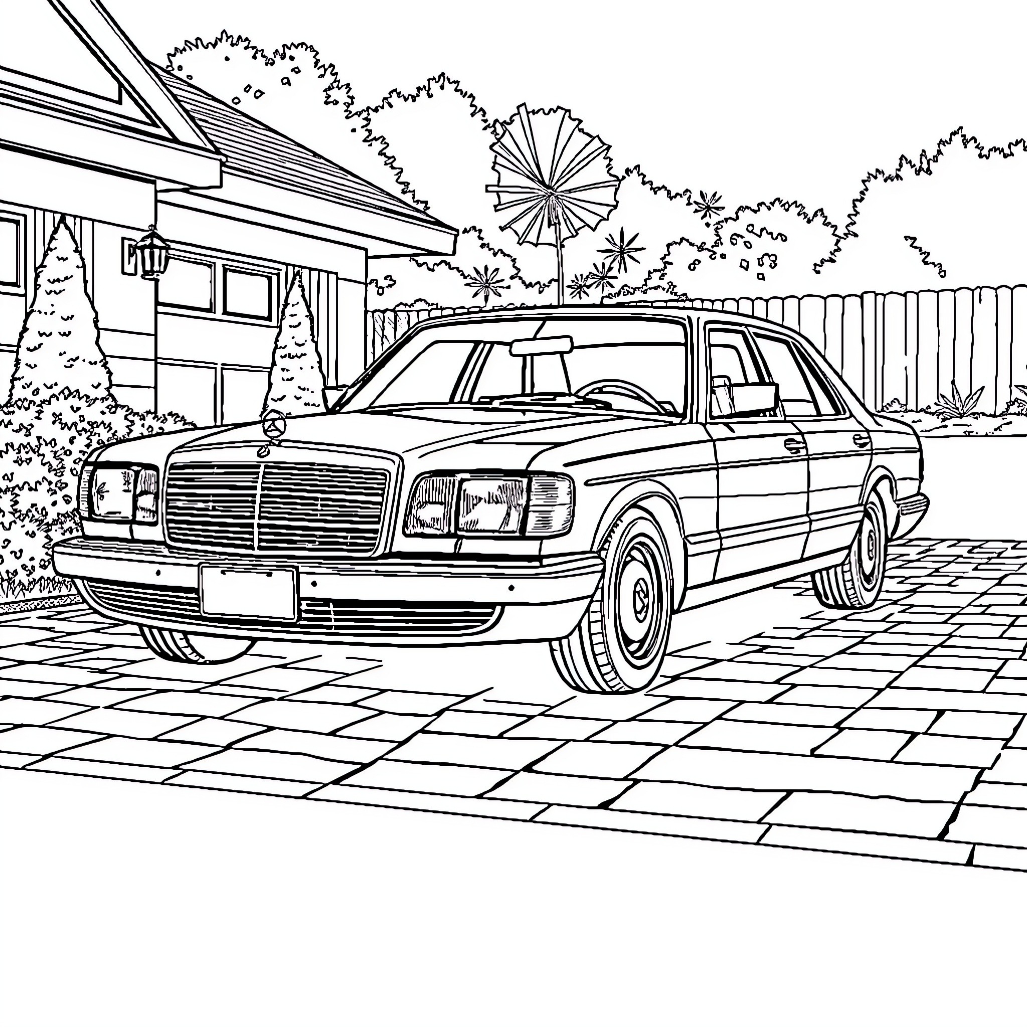 Mercedes-Benz luxury sedan parked in front of house Coloring Page (free black-and-white line drawing printable PDF for all, from beginners to advanced learners, including children, teens, adults, and seniors)