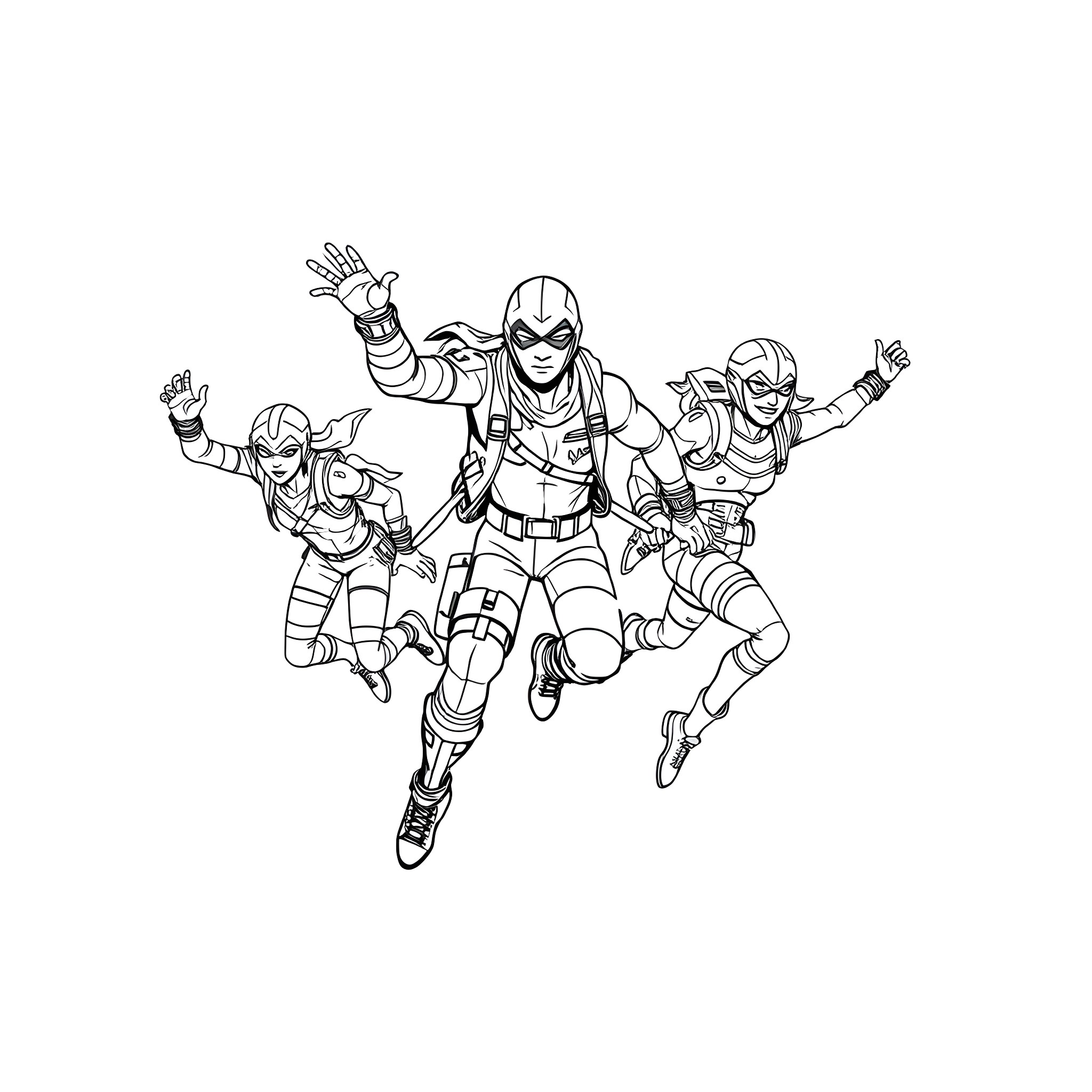 Fortnite Players Jumping and Celebrating Coloring Page (free black-and-white line drawing printable PDF for all, from beginners to advanced learners, including children, teens, adults, and seniors)