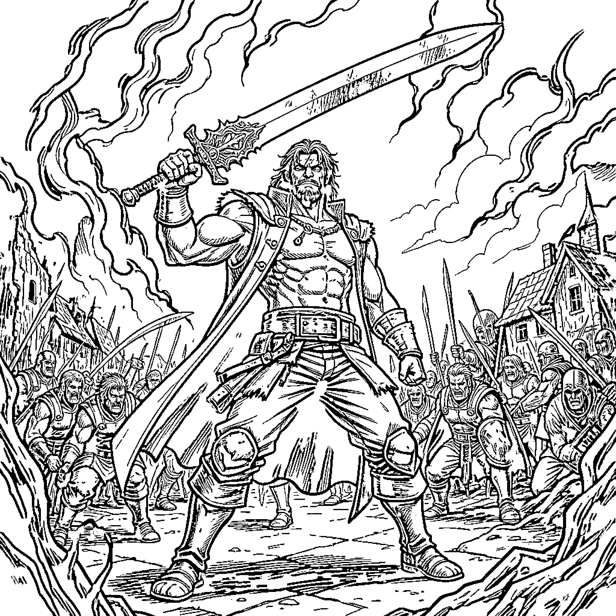 Guts wielding a massive sword amidst a battlefield Coloring Page (free black-and-white line drawing printable PDF for all, from beginners to advanced learners, including children, teens, adults, and seniors)