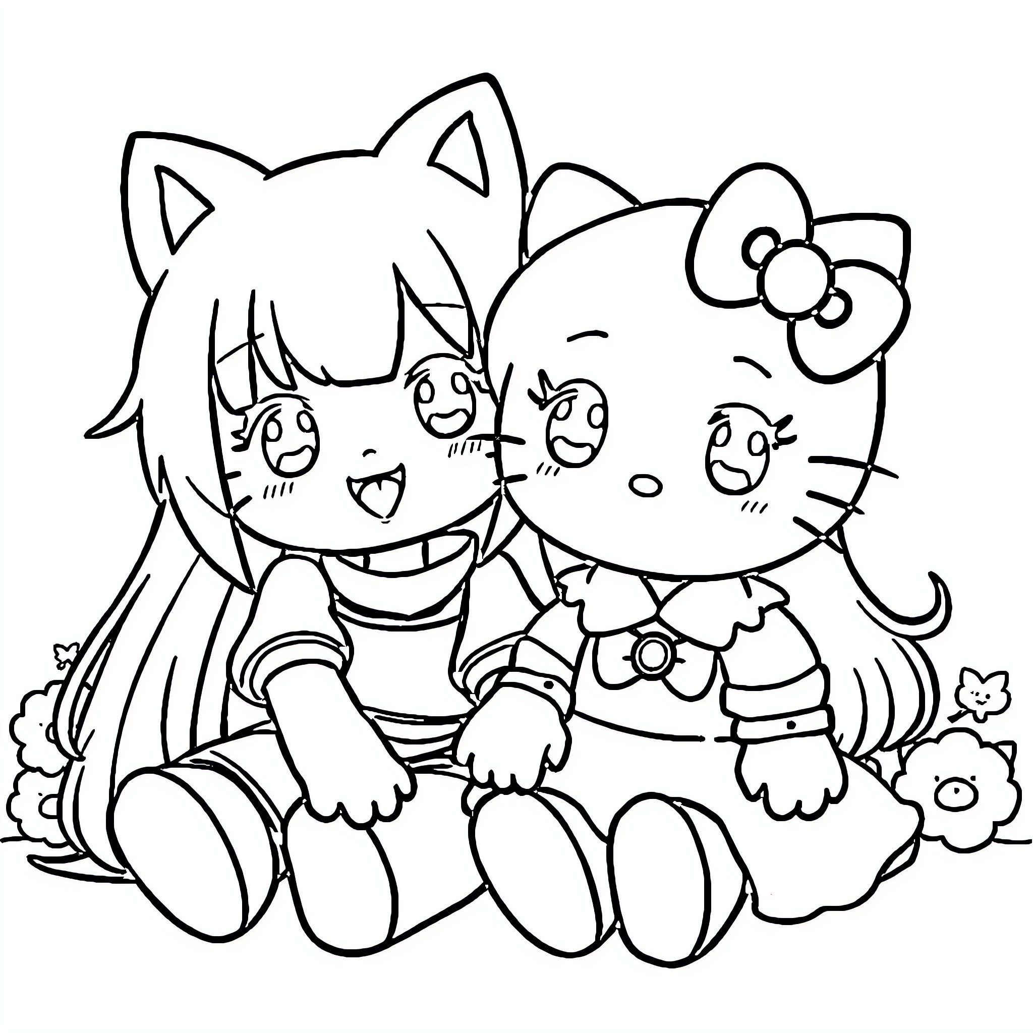 Kuromi and friends playing together happily Coloring Page (free black-and-white line drawing printable PDF for all, from beginners to advanced learners, including children, teens, adults, and seniors)