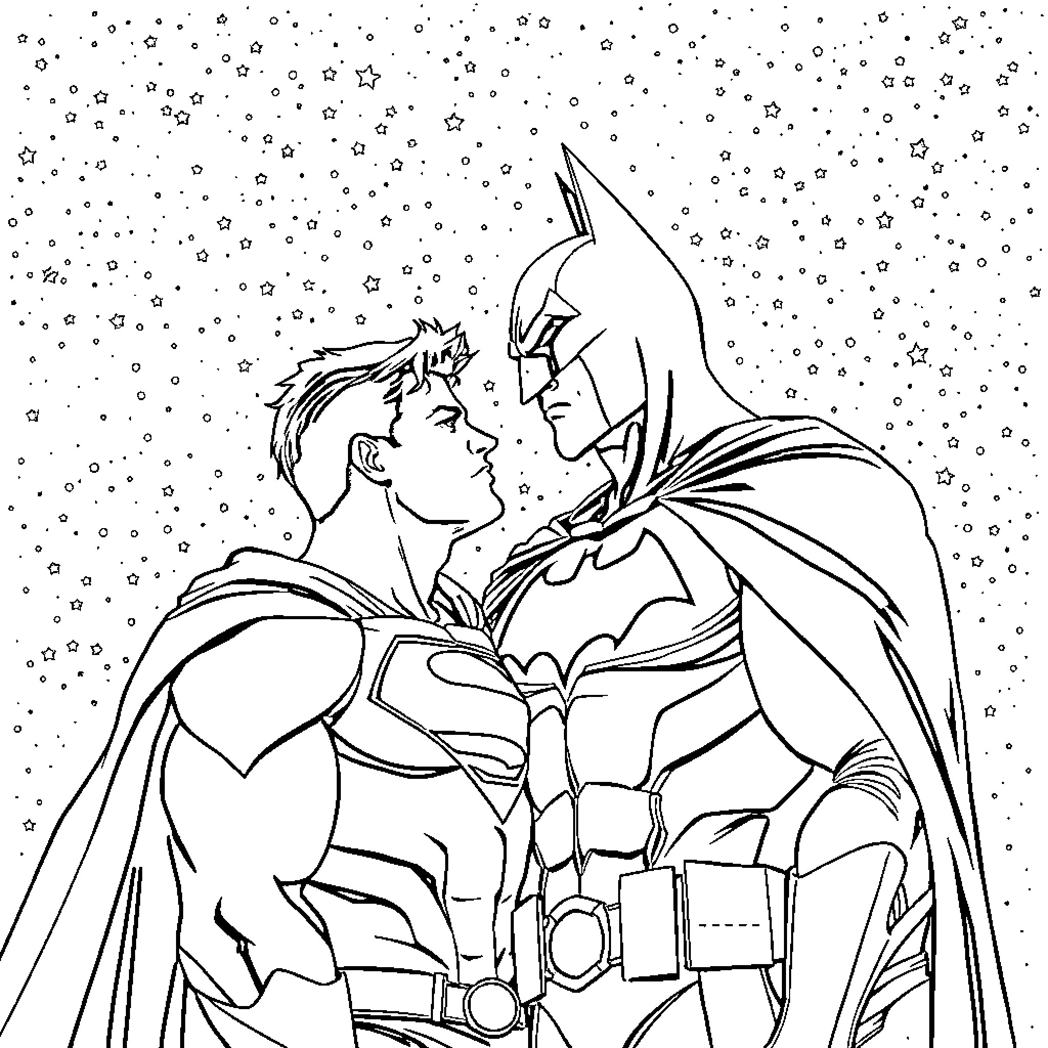 Superman and Batman in a snowy night scene Coloring Page (free black-and-white line drawing printable PDF for all, from beginners to advanced learners, including children, teens, adults, and seniors)