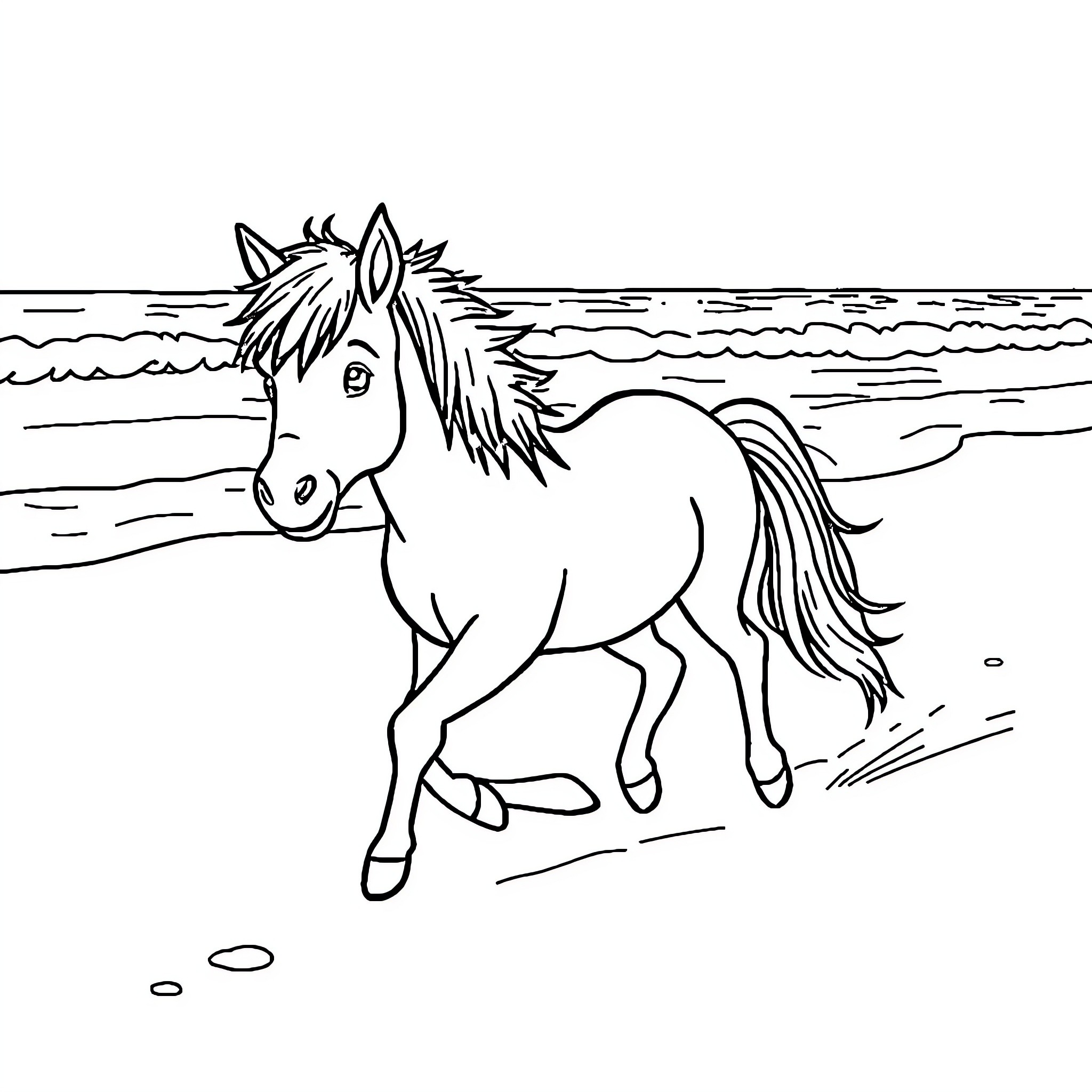 Pony running freely on the beach Coloring Page (free black-and-white line drawing printable PDF for all, from beginners to advanced learners, including children, teens, adults, and seniors)